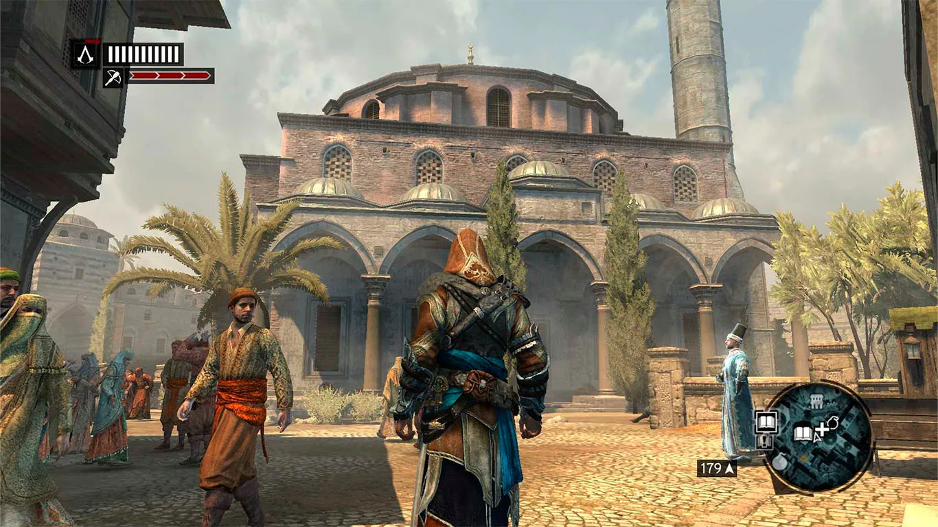 Captura Assassins Creed Revelations Gold Edition – Ezio Camina Entre Ciudadanos Frente A Una Cupula En Una Plaza Otomana