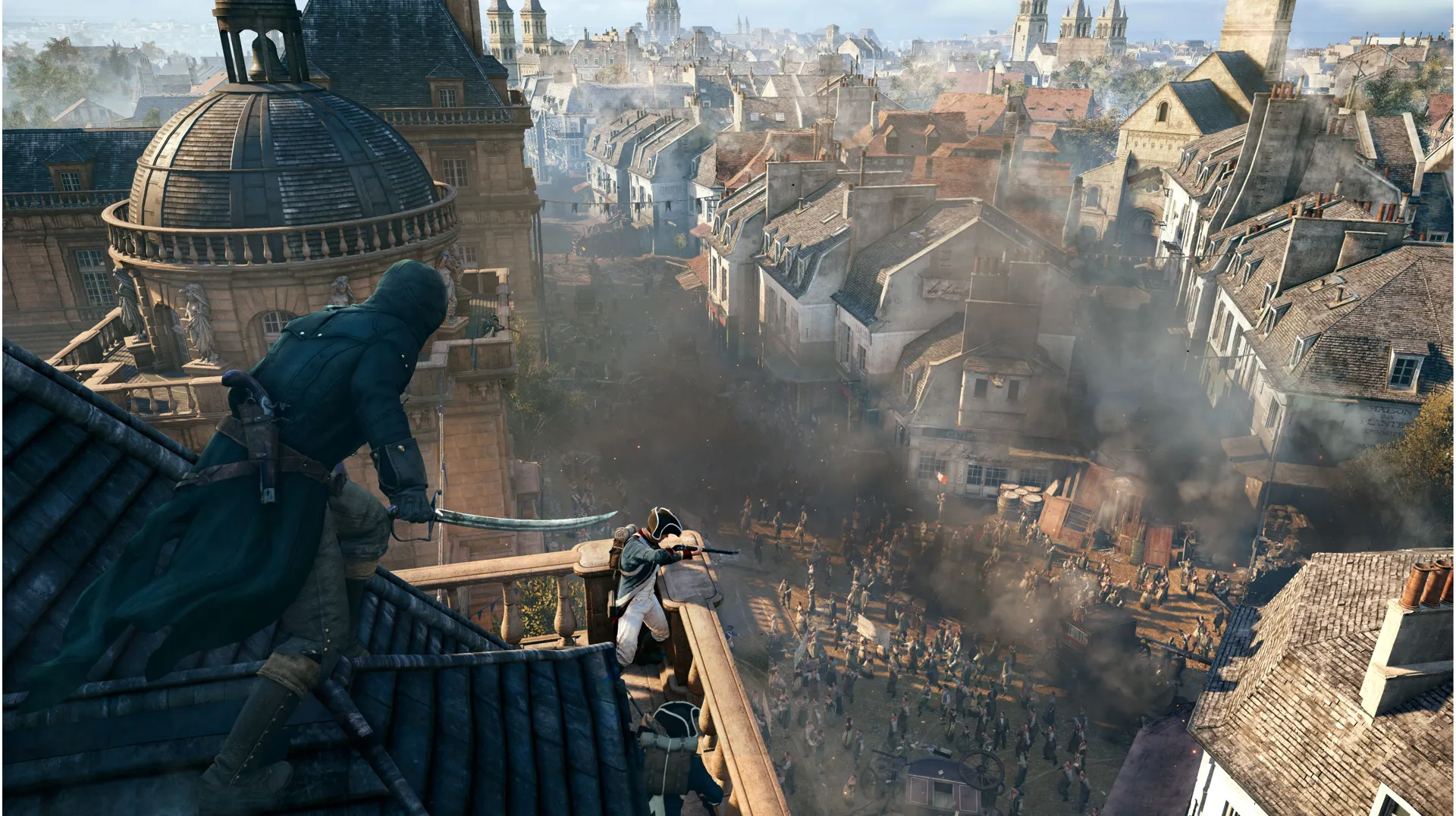 Captura Assassins Creed Unity Escena Desde Un Tejado Con Paris Lleno De Humo Y Destruccion