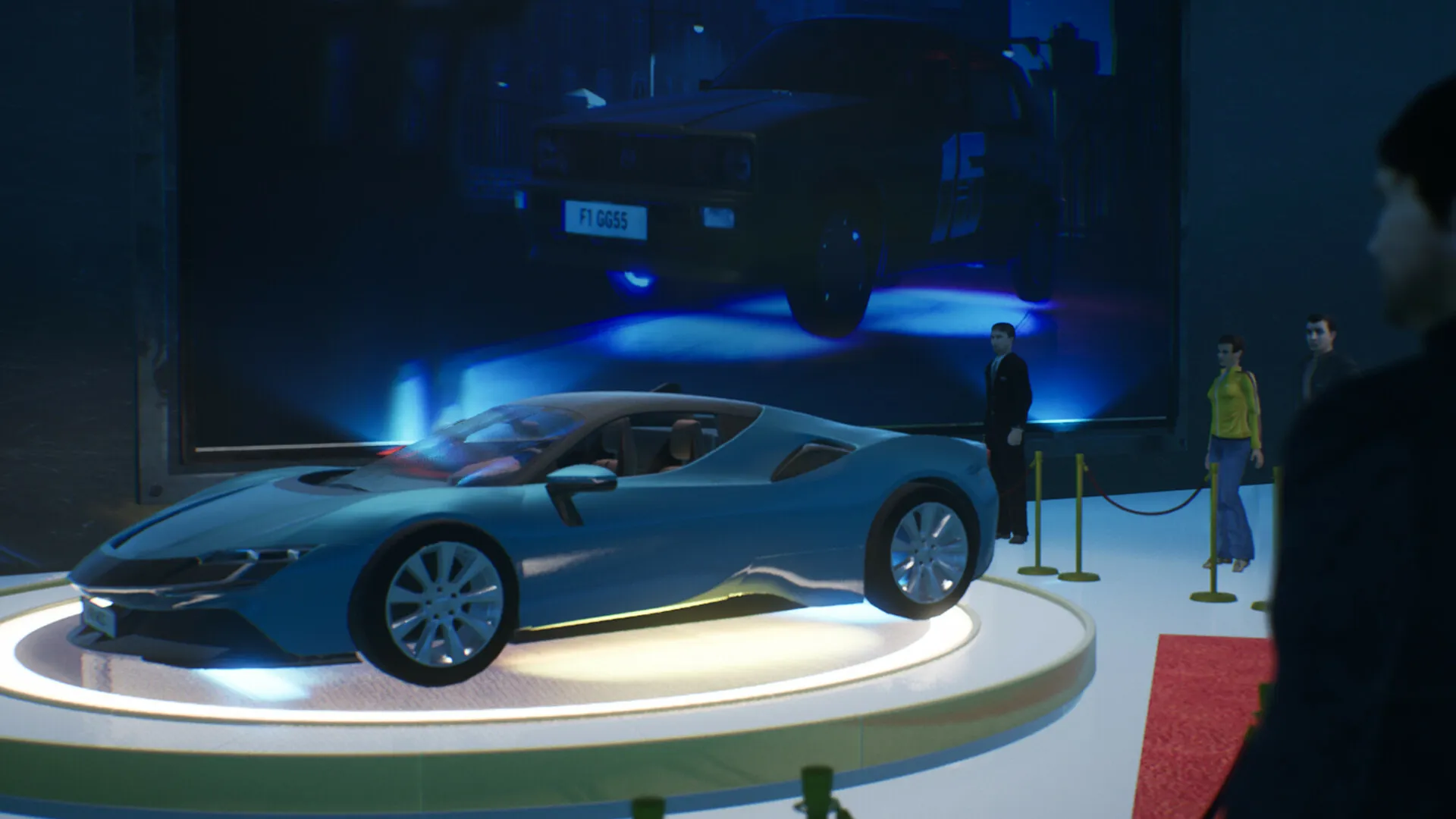 Captura Auto Sale Life – Auto Deportivo Azul En Exhibicion Con Luces Brillantes