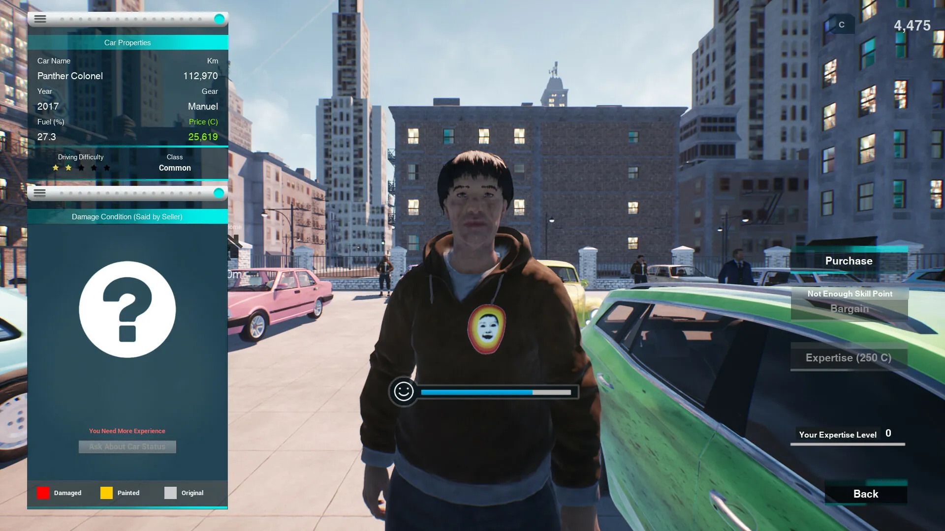 Captura Auto Sale Life – Personaje Frente A Vehiculo Verde En Zona Urbana Con Menu De Opciones