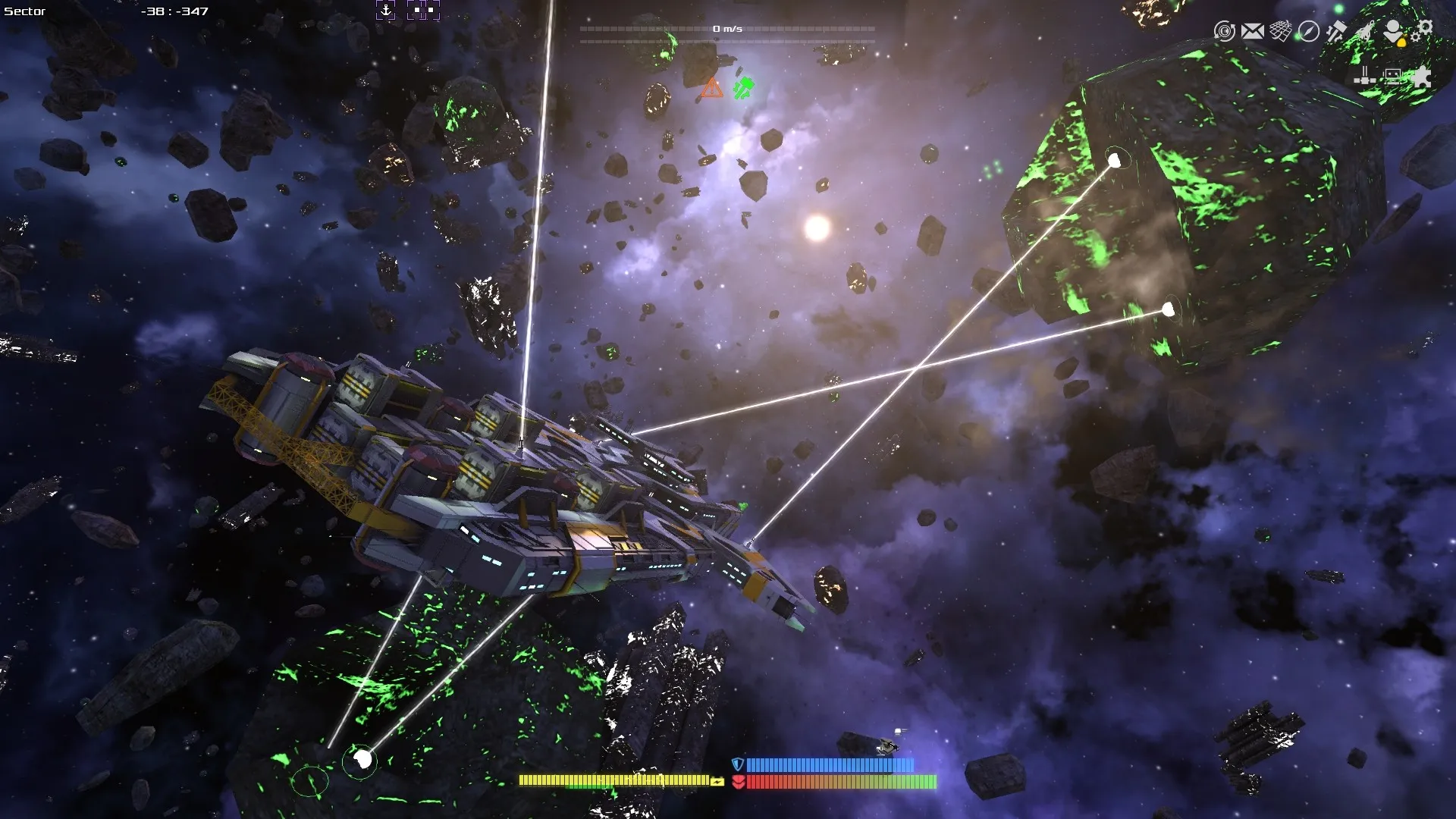 Captura Avorion – Batalla Espacial Con Naves Disparando Rayos Laser Entre Asteroides
