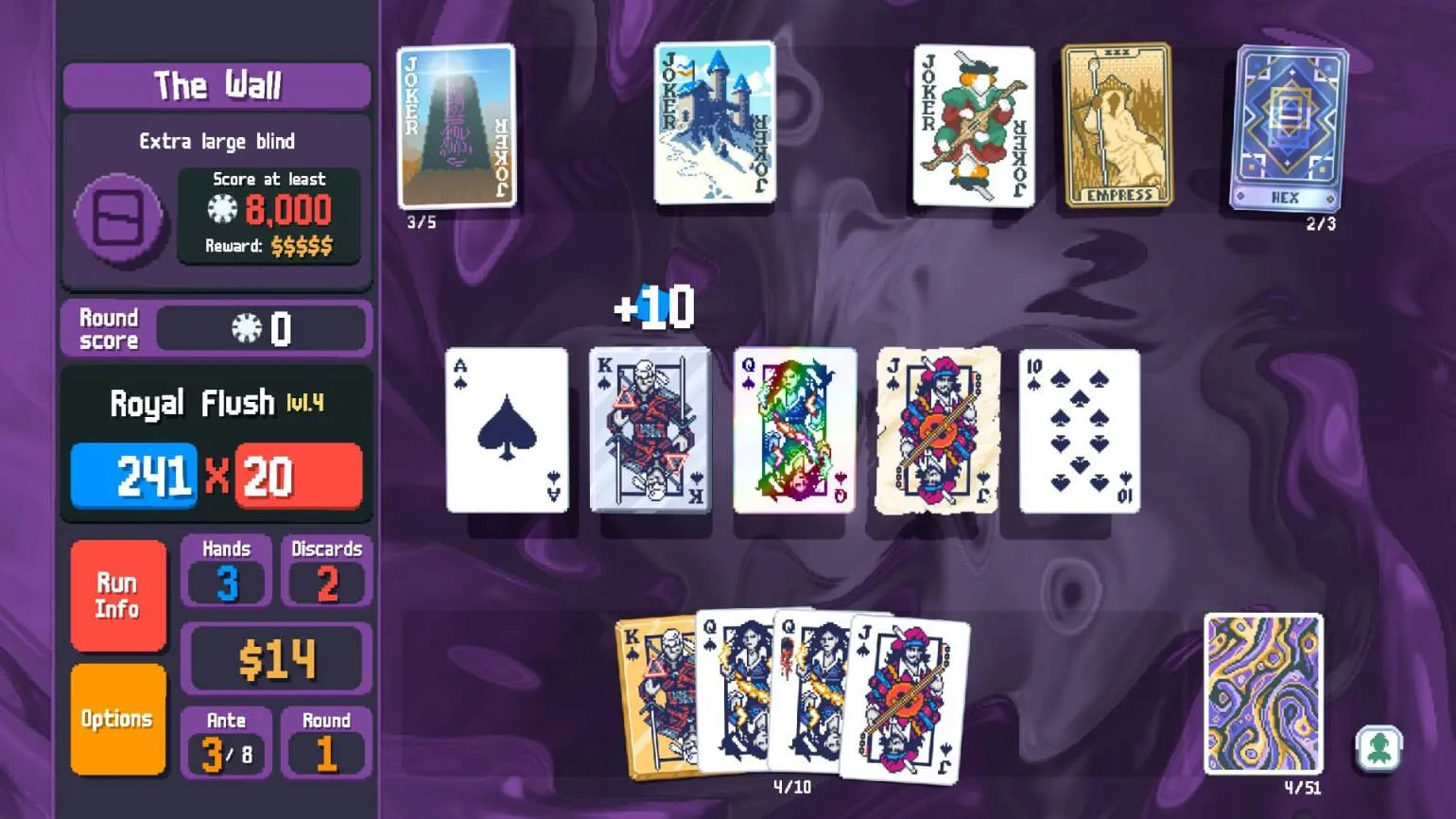 Captura Balatro – Jugada Con Cartas Especiales Y Multiplicadores En Un Tablero Purpura