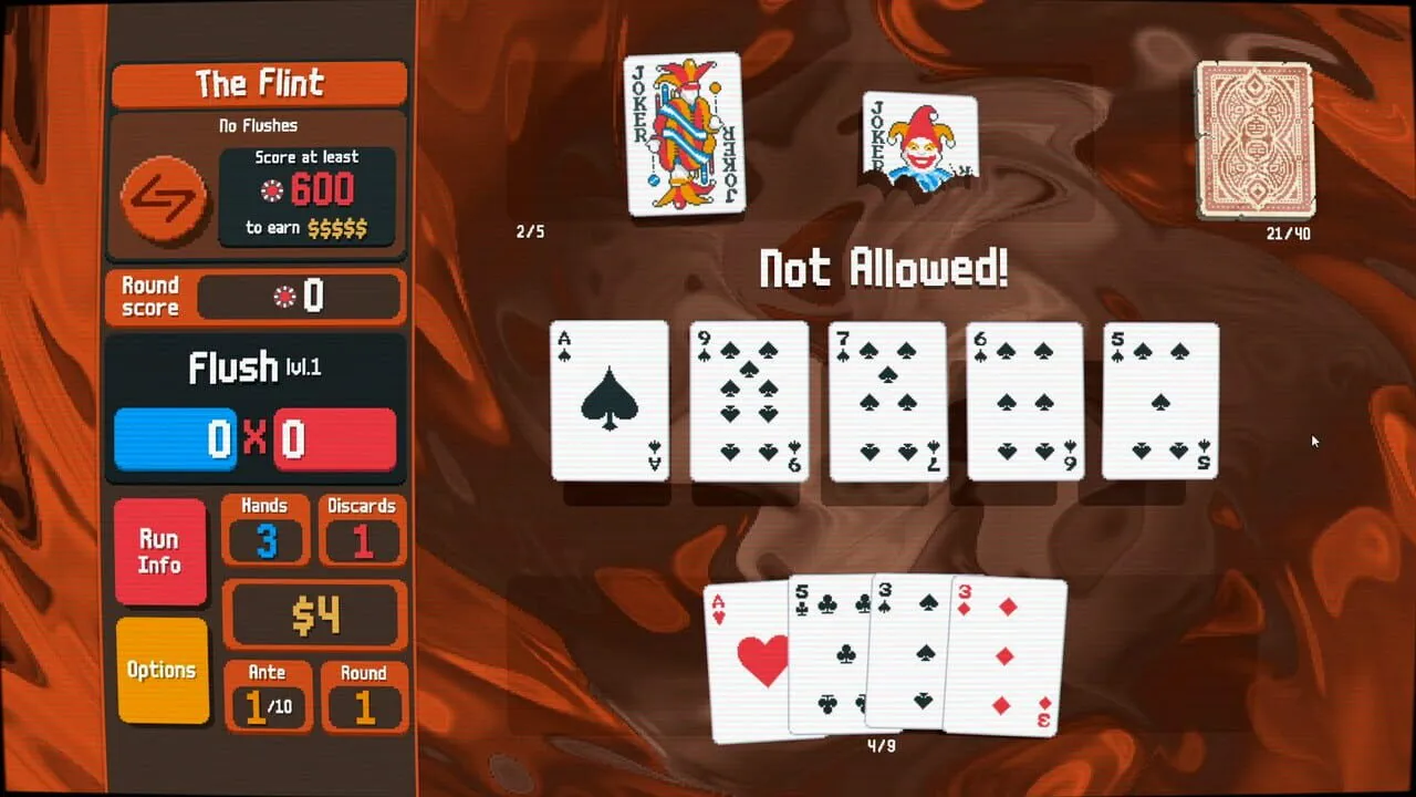 Captura Balatro – Mano De Cartas En Fondo Rojo Con Combinaciones No Validas Resaltadas