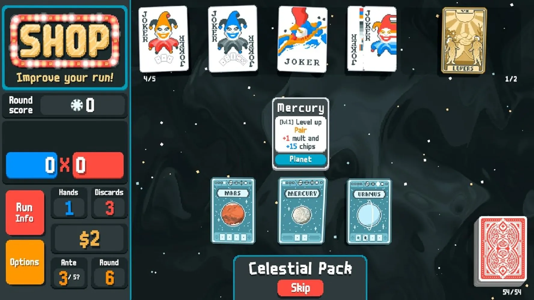 Captura Balatro – Tienda Con Mejoras Y Cartas Disponibles Para Comprar En Un Entorno Galactico