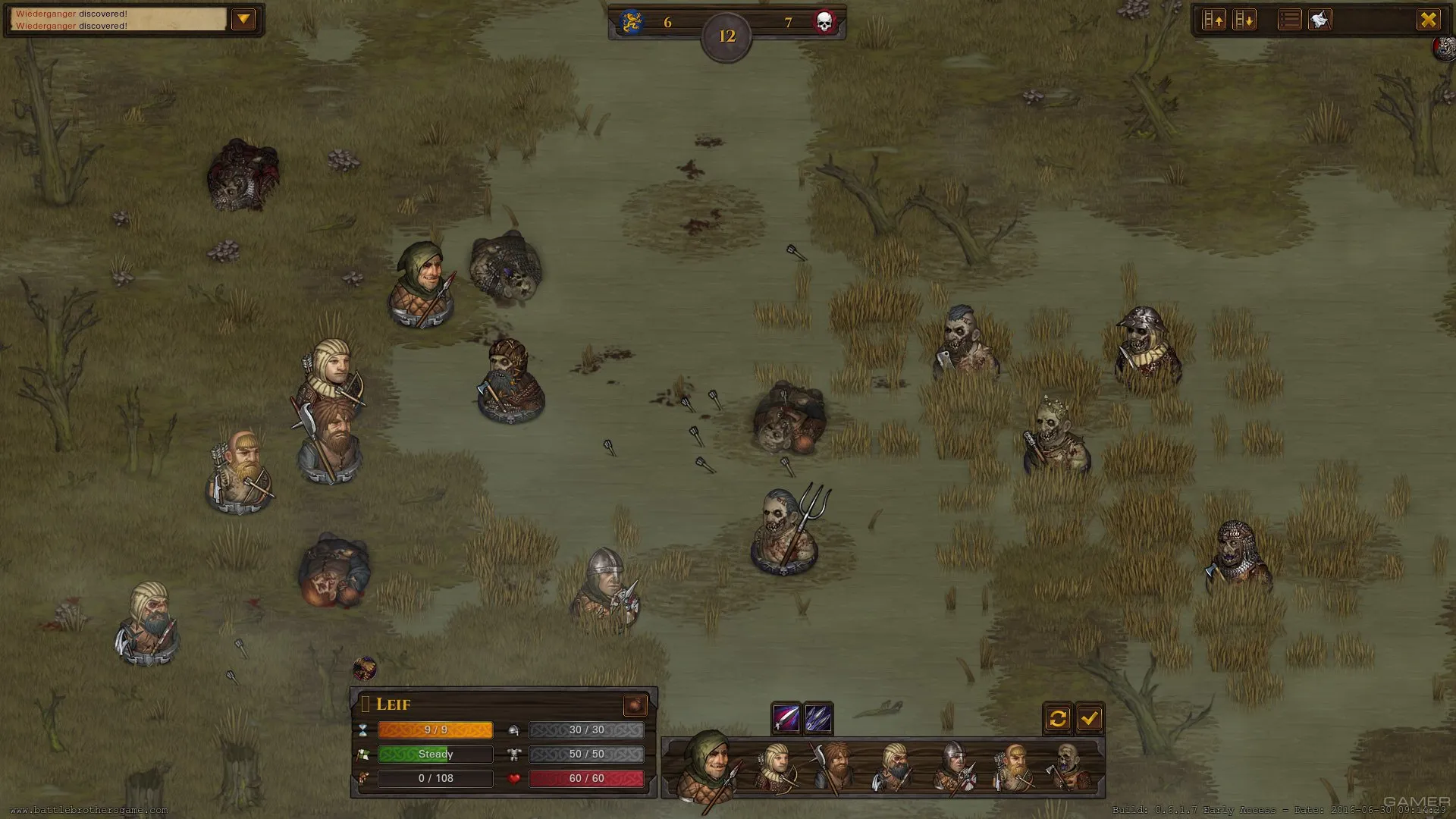 Captura Battle Brothers – Vista Tactica De Personajes En Un Mapa Con Suelo Marron Y Estructuras Dispersas