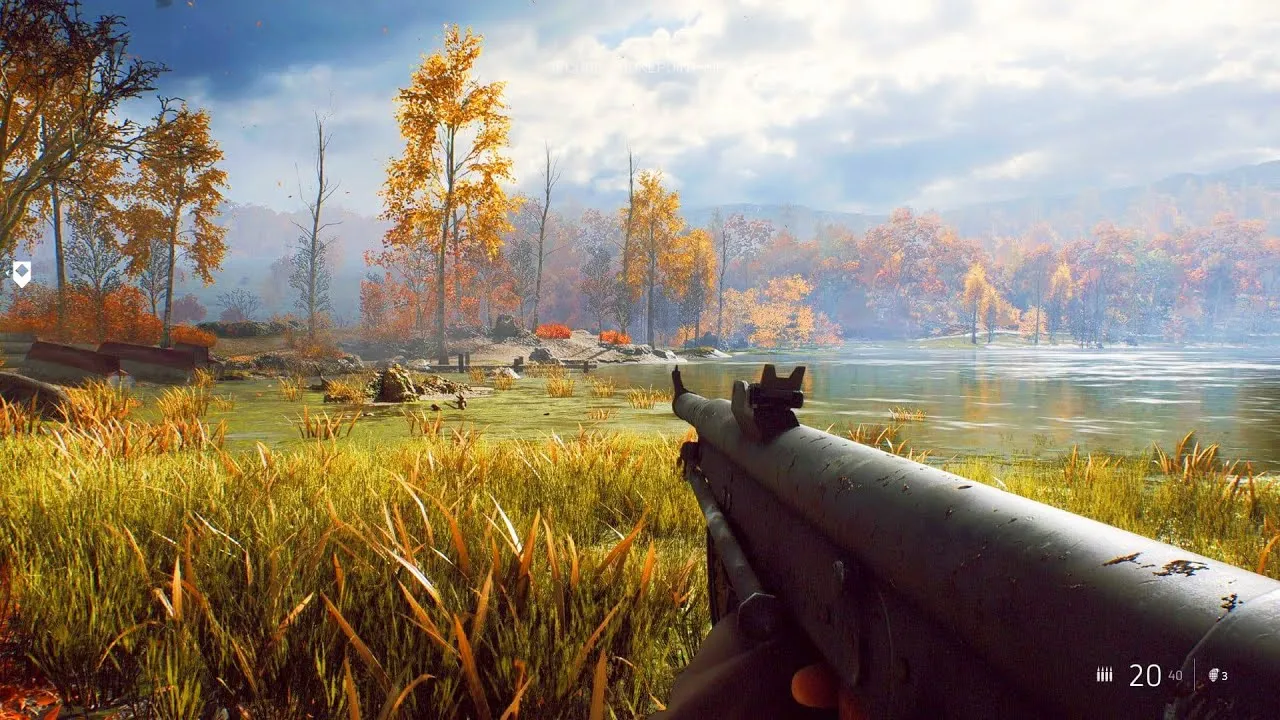 Captura Battlefield V – Escenario Otonal Con Campo Abierto Y Arma En Primer Plano