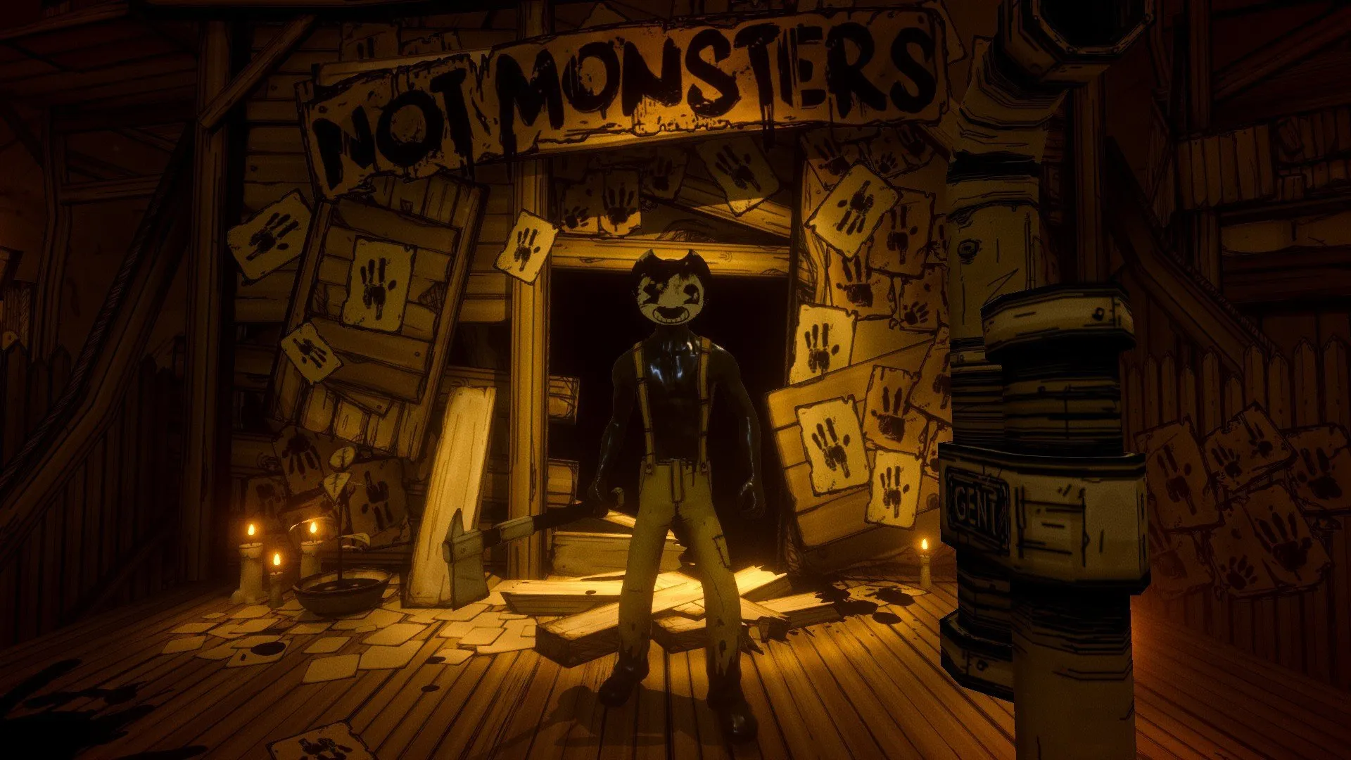 Captura Bendy And The Ink Machine Entrada A Un Pasillo Con Letras Luminosas Y Decorado Tetrico