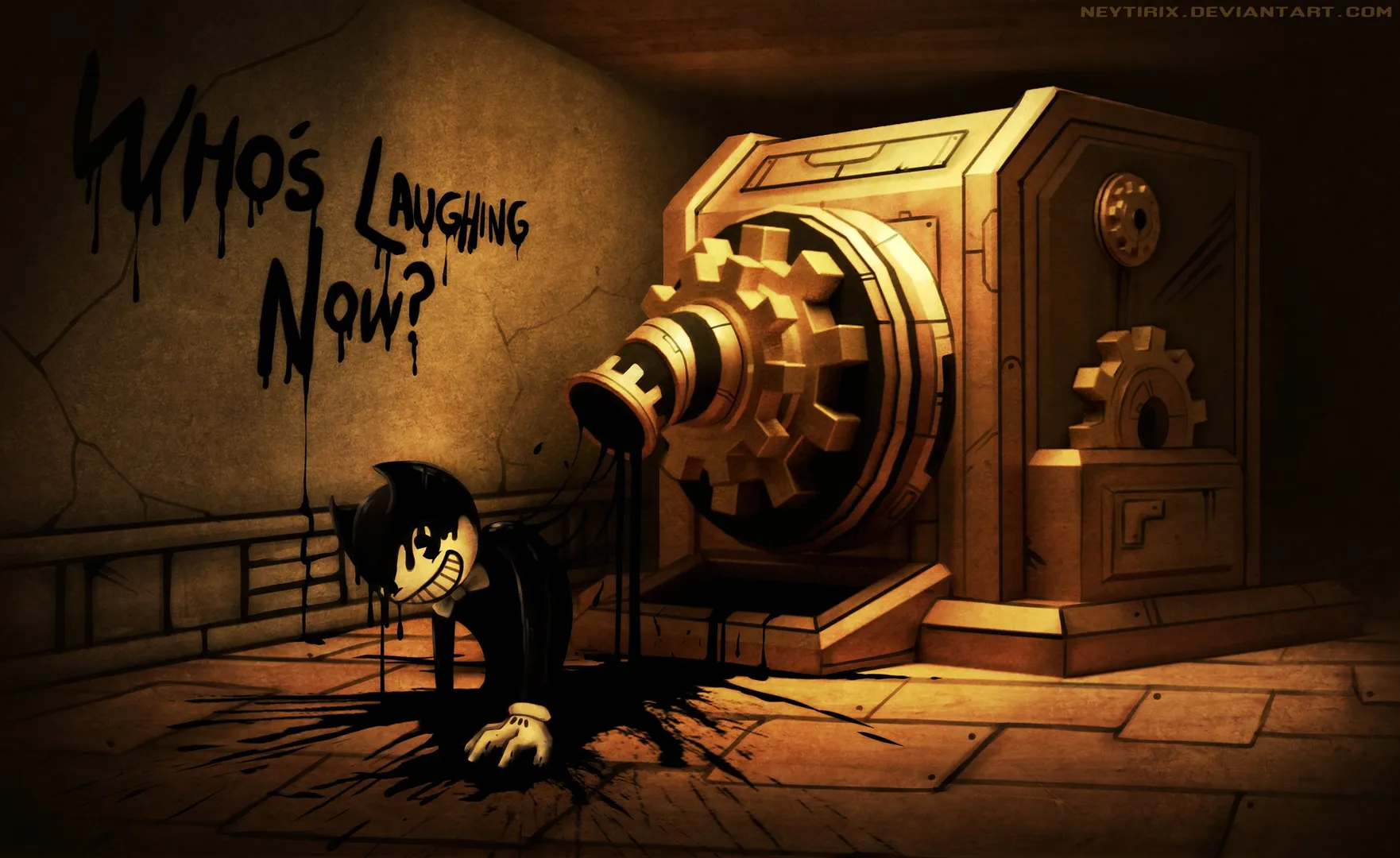 Captura Bendy And The Ink Machine Personaje Animado Junto A Una Maquina Con Tinta Derramada Y Grafiti En La Pared