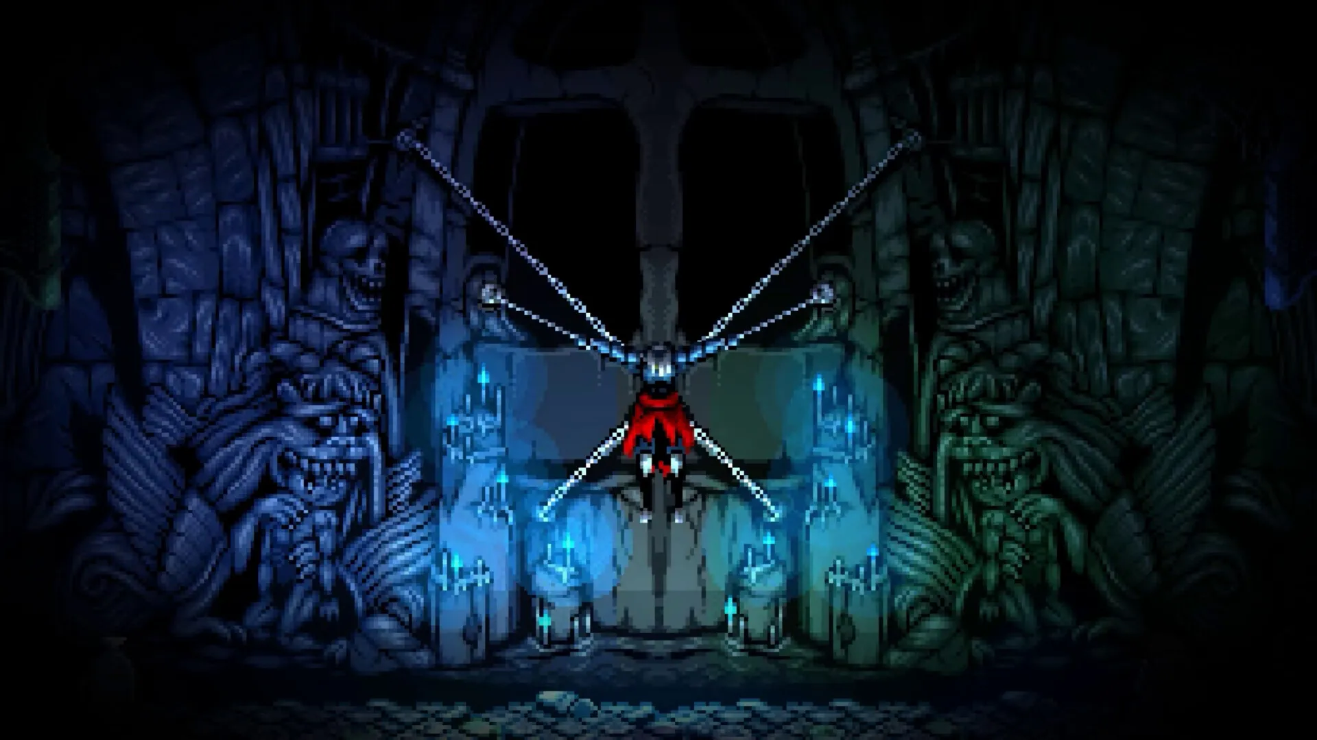 Captura Beyond The Ice Palace II Figura Alada Abriendo Un Portal Azul En Una Sala Oscura