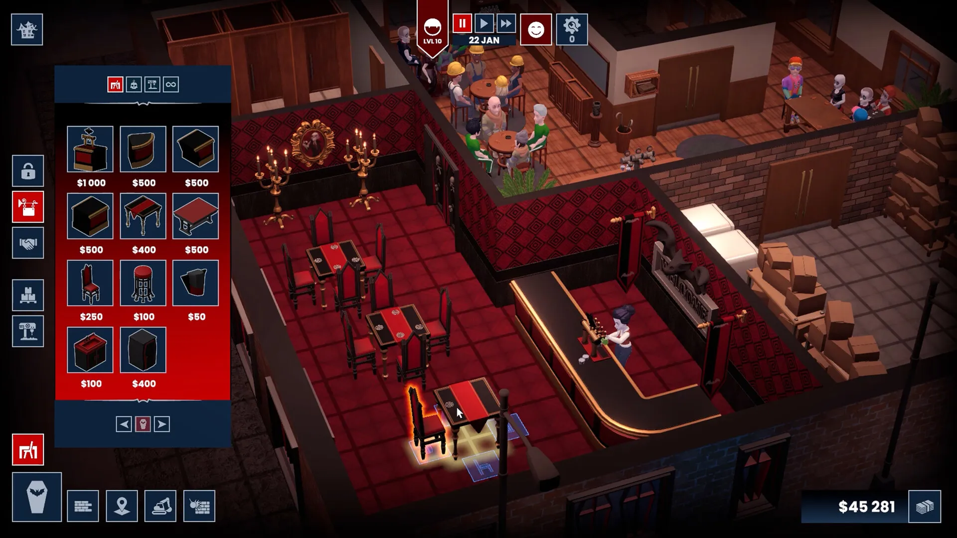 Captura Blood Bar Tycoon Area De Bar Con Luces Rojas Y Personajes Sirviendo Bebidas