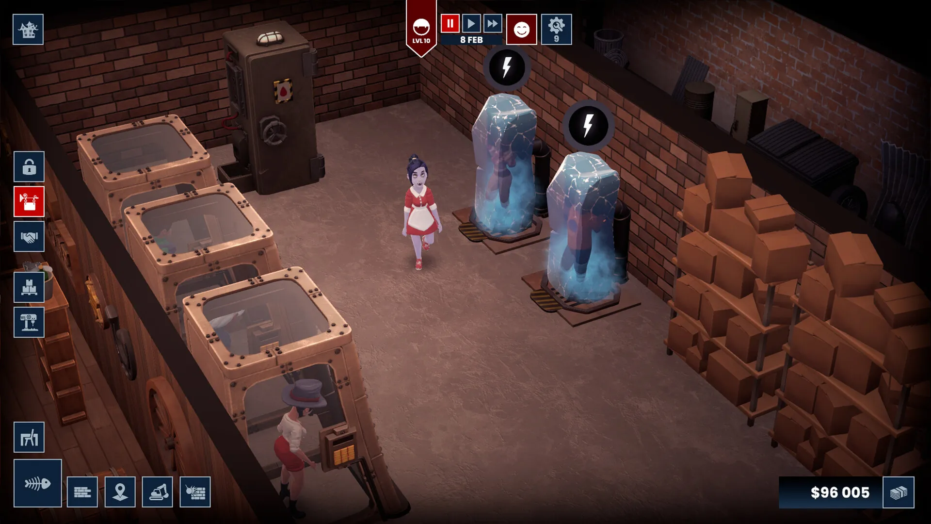 Captura Blood Bar Tycoon Zona De Almacenamiento Con Cuerpos Congelados Y Cajas Apiladas