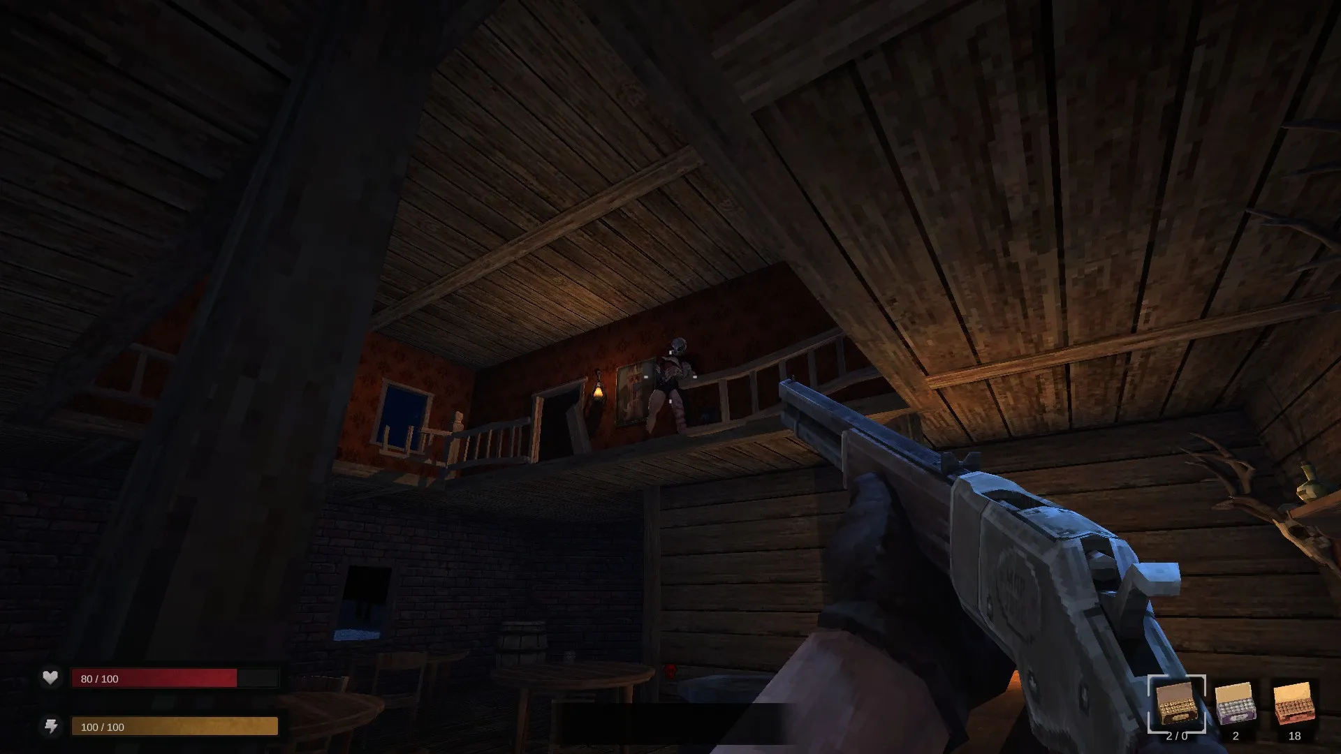 Captura Blood West – Escena De Combate En Una Cabana Con Revolver Apuntando Al Techo