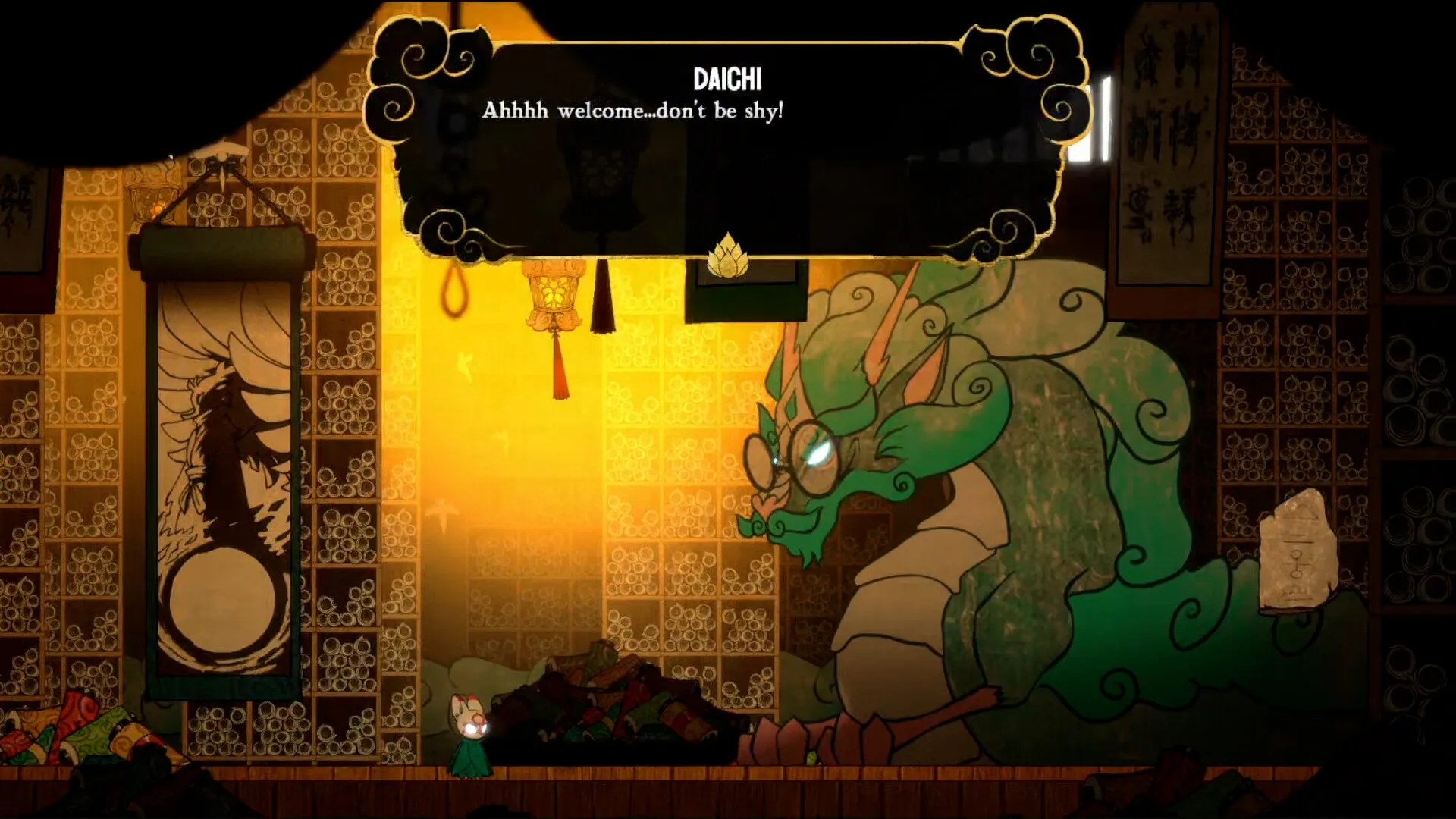 Captura Bo Path Of The Teal Lotus – Dialogo Dentro De Un Santuario Con Simbolos Y Una Figura Mitologica