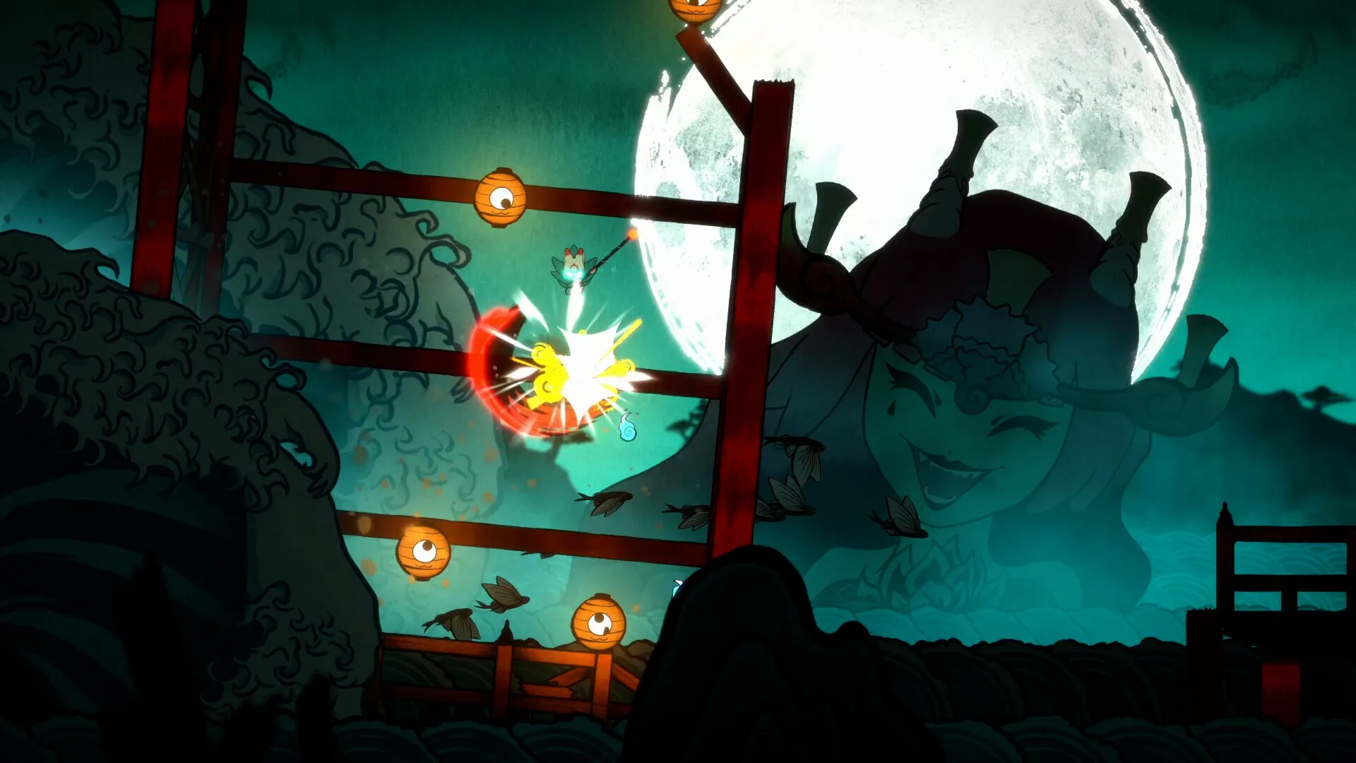 Captura Bo Path Of The Teal Lotus – Escena Nocturna Con Plataformas Flotantes Y Un Personaje Entre Ramas Y Faroles