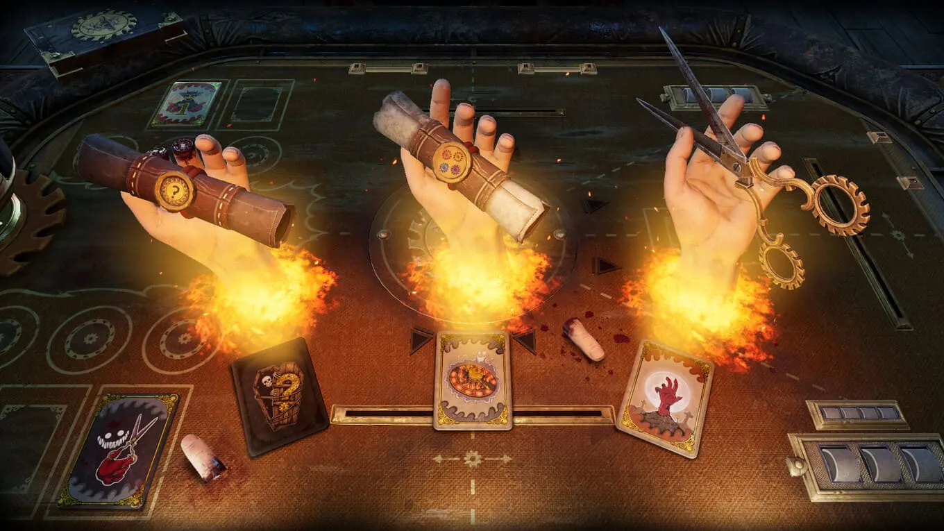 Captura Bonesaw – Dos Manos En Llamas Sobre Una Mesa De Cartas En Medio De Un Juego Macabro