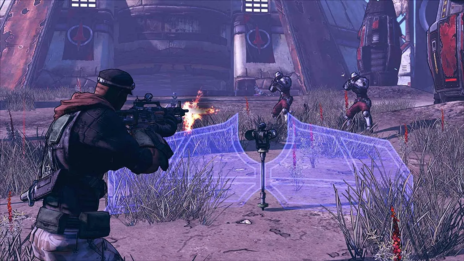 Captura Borderlands Game Of The Year Edition – Dos Personajes Apuntando Entre Ruinas Con Escudo Holografico Activado
