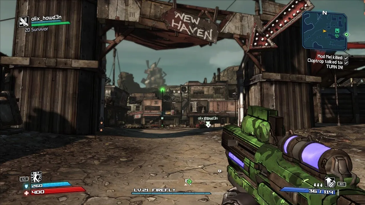 Captura Borderlands Game Of The Year Edition – Escena En Un Asentamiento Con Arma Equipada En Primera Persona