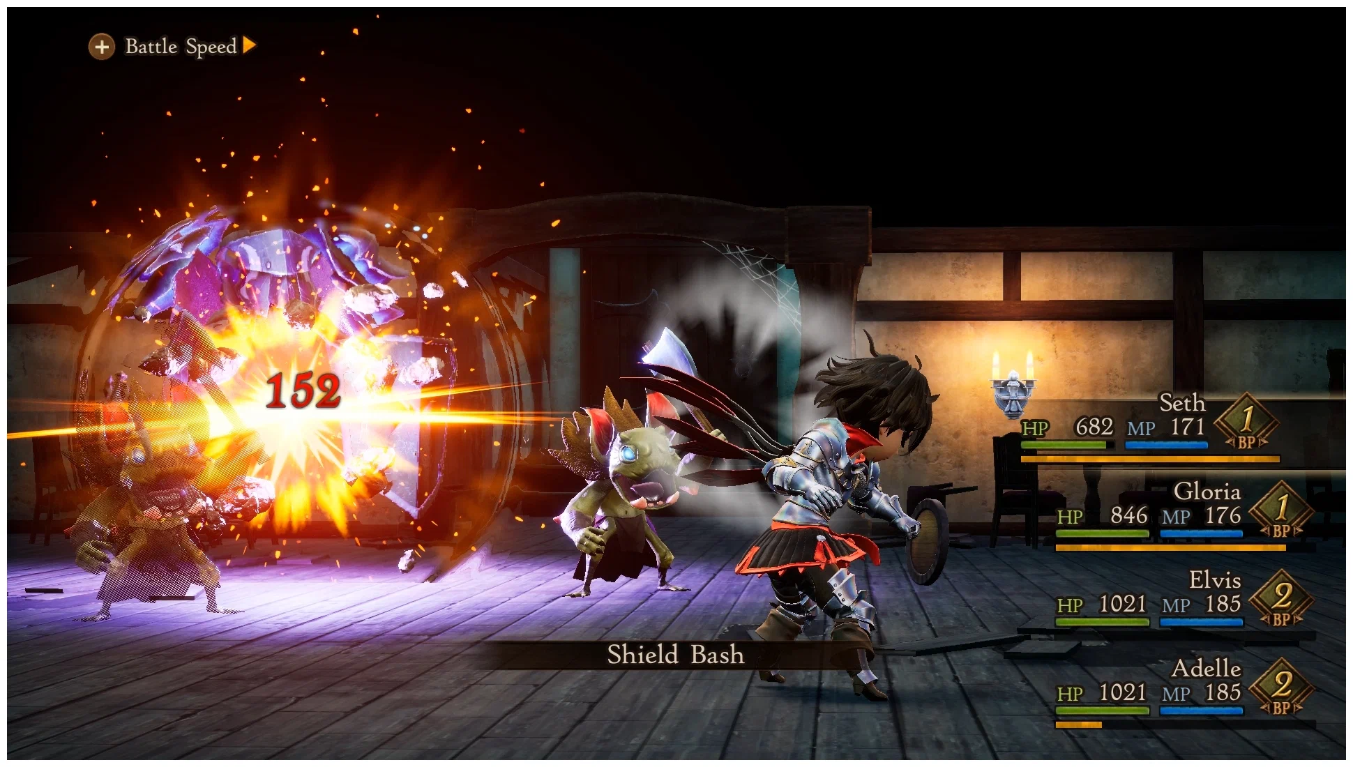 Captura Bravely Default II – Batalla Magica Con Numeros De Dano Y Cuatro Personajes Alineados