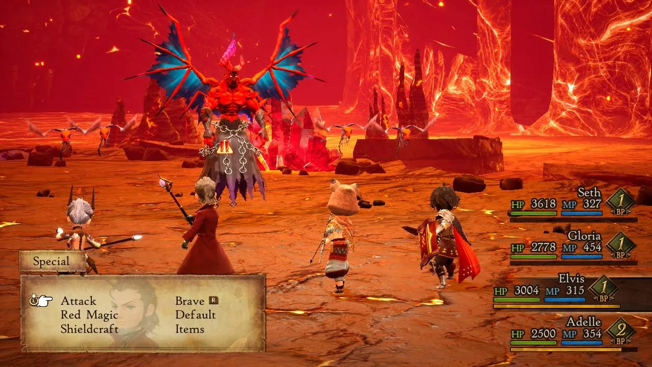 Captura Bravely Default II – Enfrentamiento Contra Criatura Alada Gigante En Un Entorno Volcanico