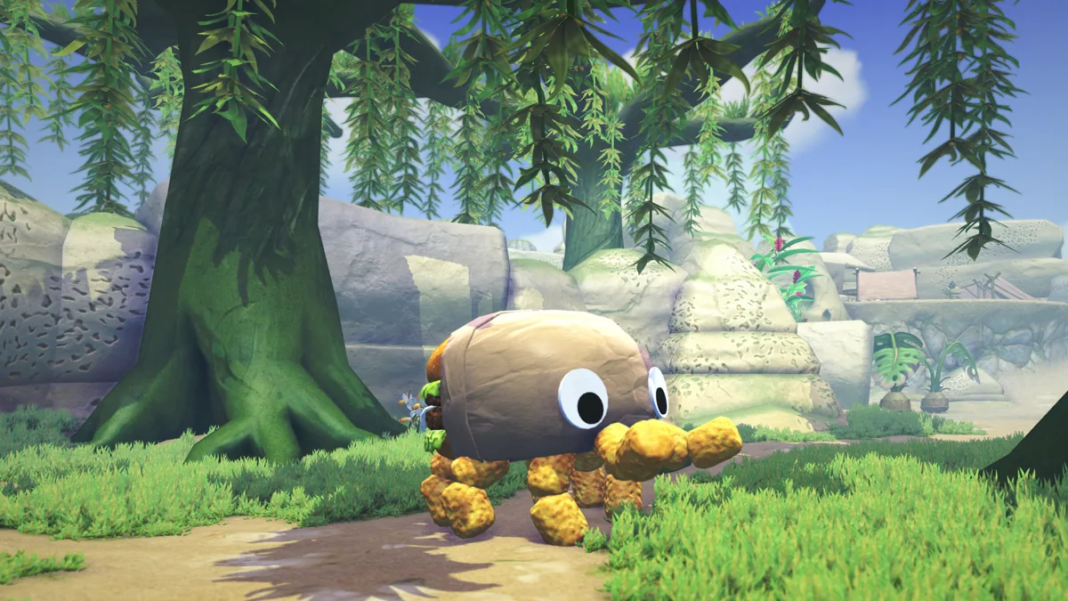 Captura Bugsnax – Criatura Con Canon De Salsa Corre Entre Arboles Y Ruinas Tropicales