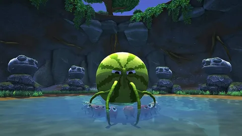 Captura Bugsnax – Enorme Criatura Verde Emerge Del Agua En Un Lago Rodeado De Piedras
