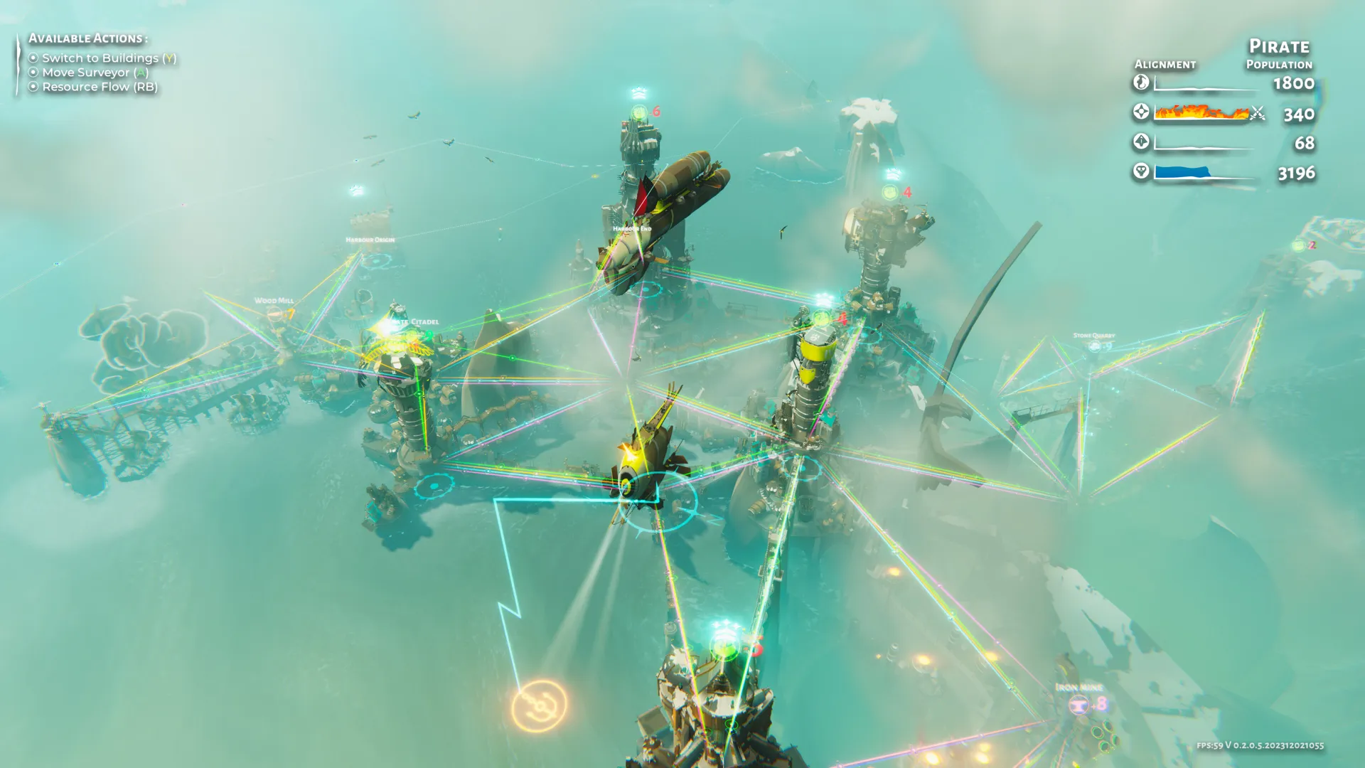 Captura Bulwark Falconeer Chronicles Estructuras Conectadas Por Redes Verdes Flotando Entre Nubes