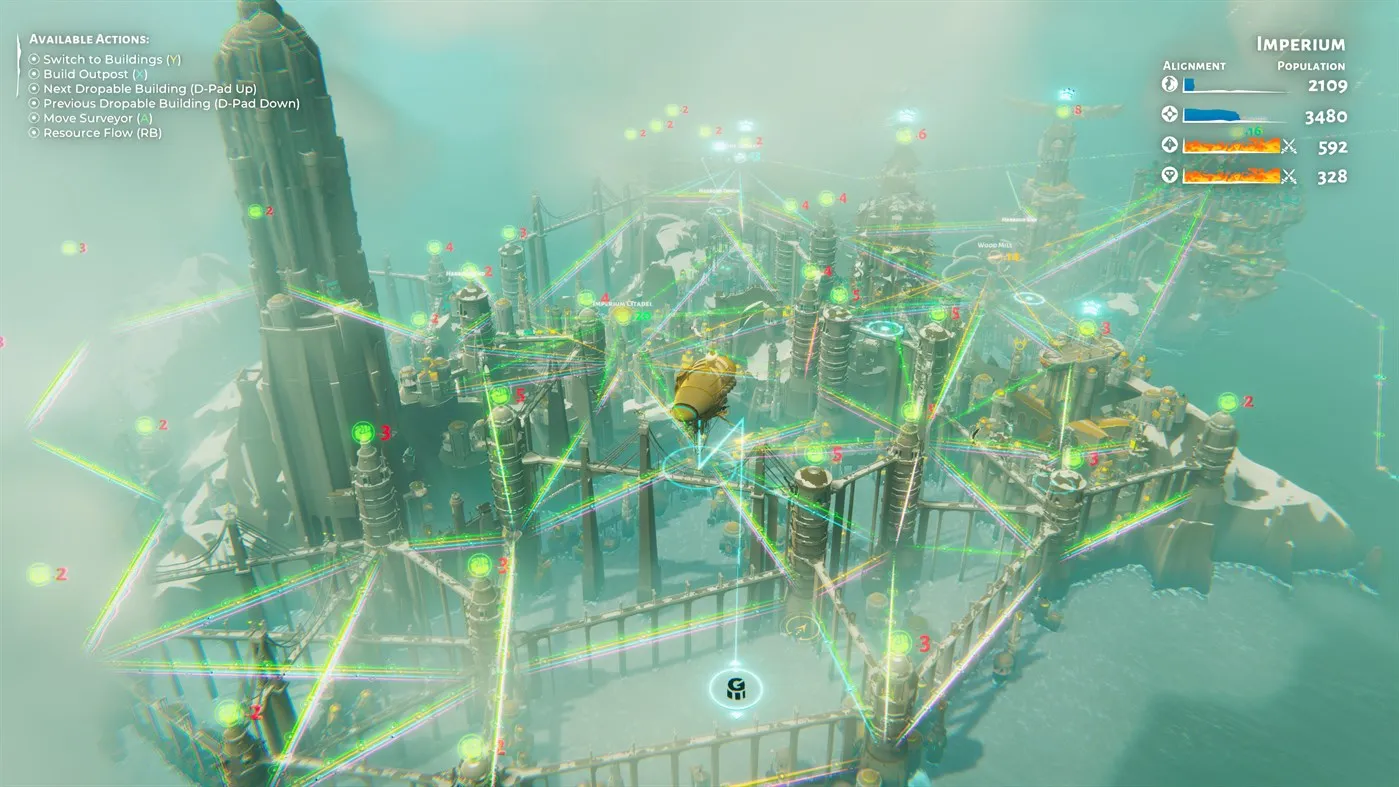 Captura Bulwark Falconeer Chronicles Plataforma Elevada Con Edificios Y Torres Sobre Fondo Celeste