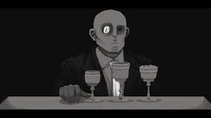 Captura CENTUM – Personaje Sin Rostro Sentado Frente A Copas En Una Escena Monocromatica