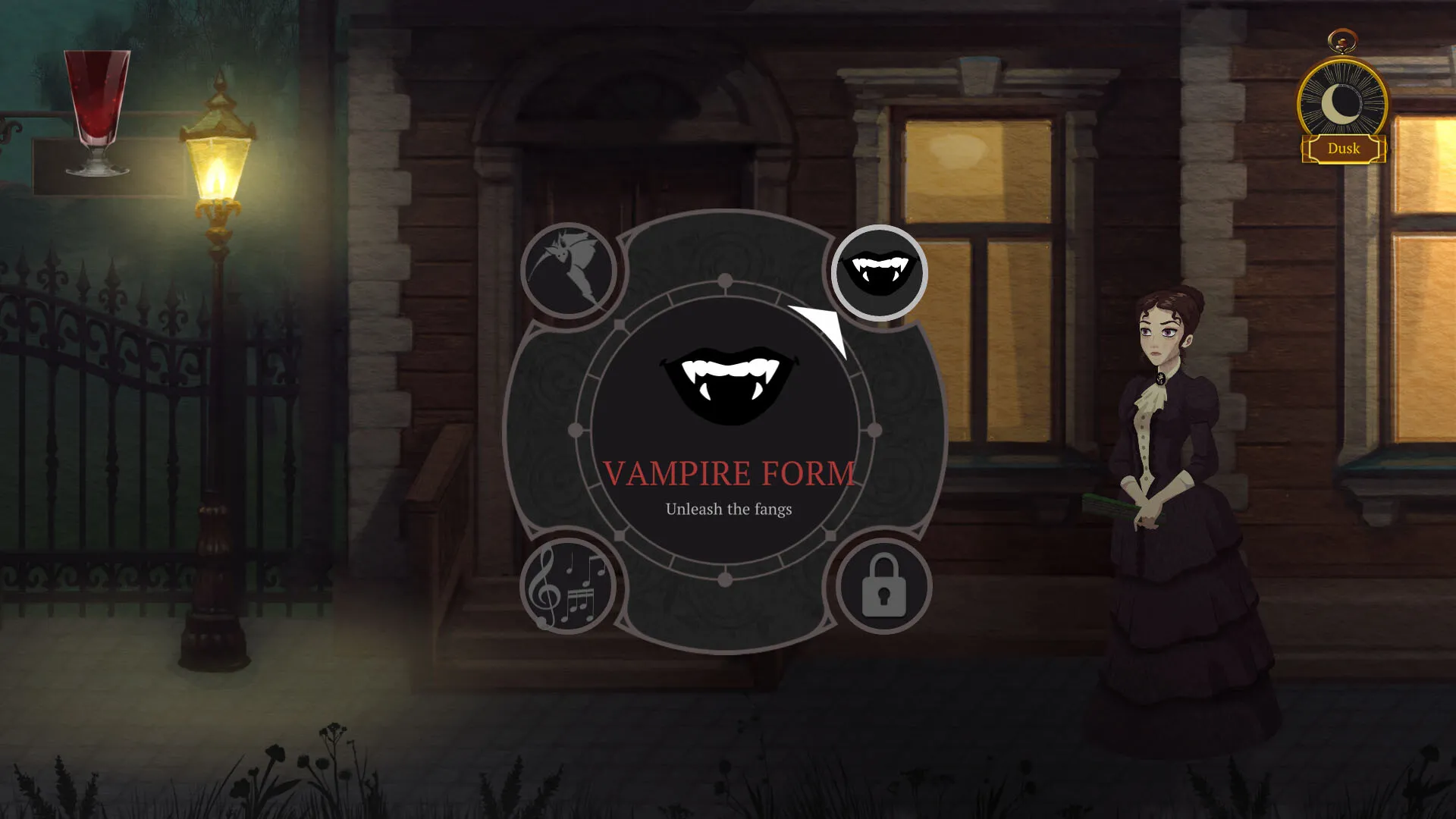 Captura Cabernet Interfaz De Habilidades Vampiricas Frente A Una Casa Con Faroles Encendidos