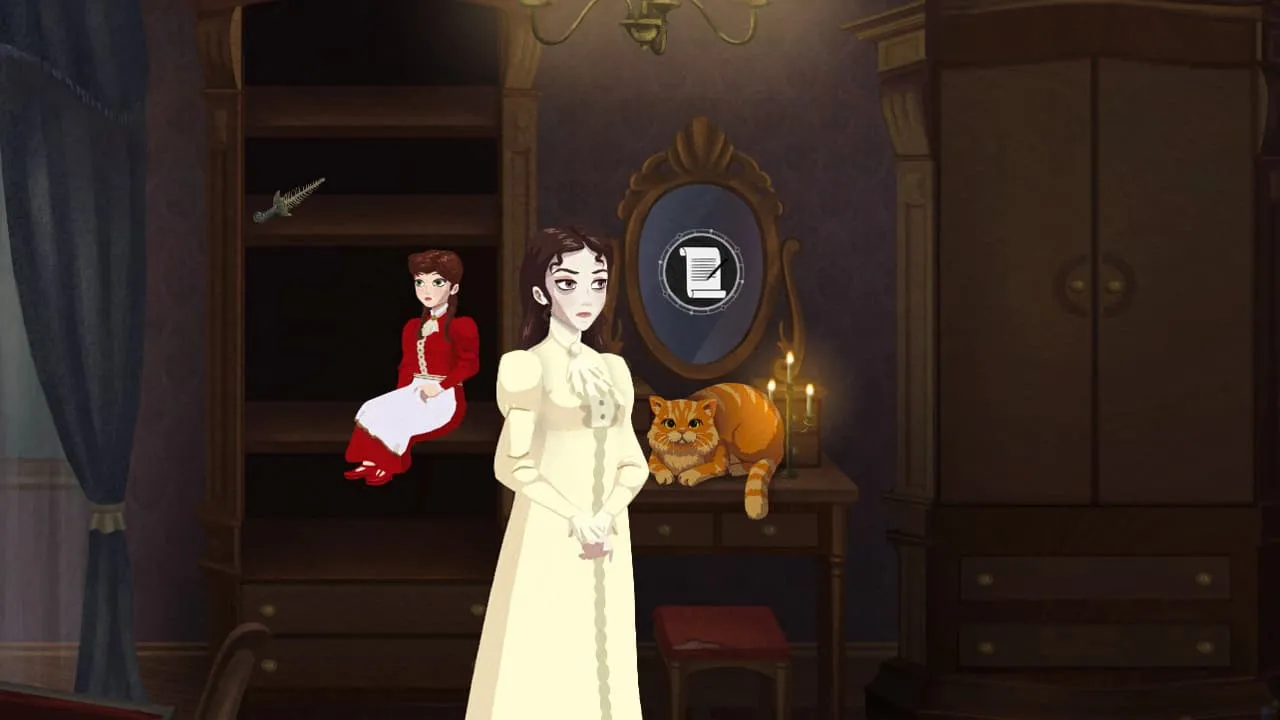 Captura Cabernet Mujer Con Bata Blanca En Una Habitacion Victoriana Con Munecos Y Un Espejo Oscuro
