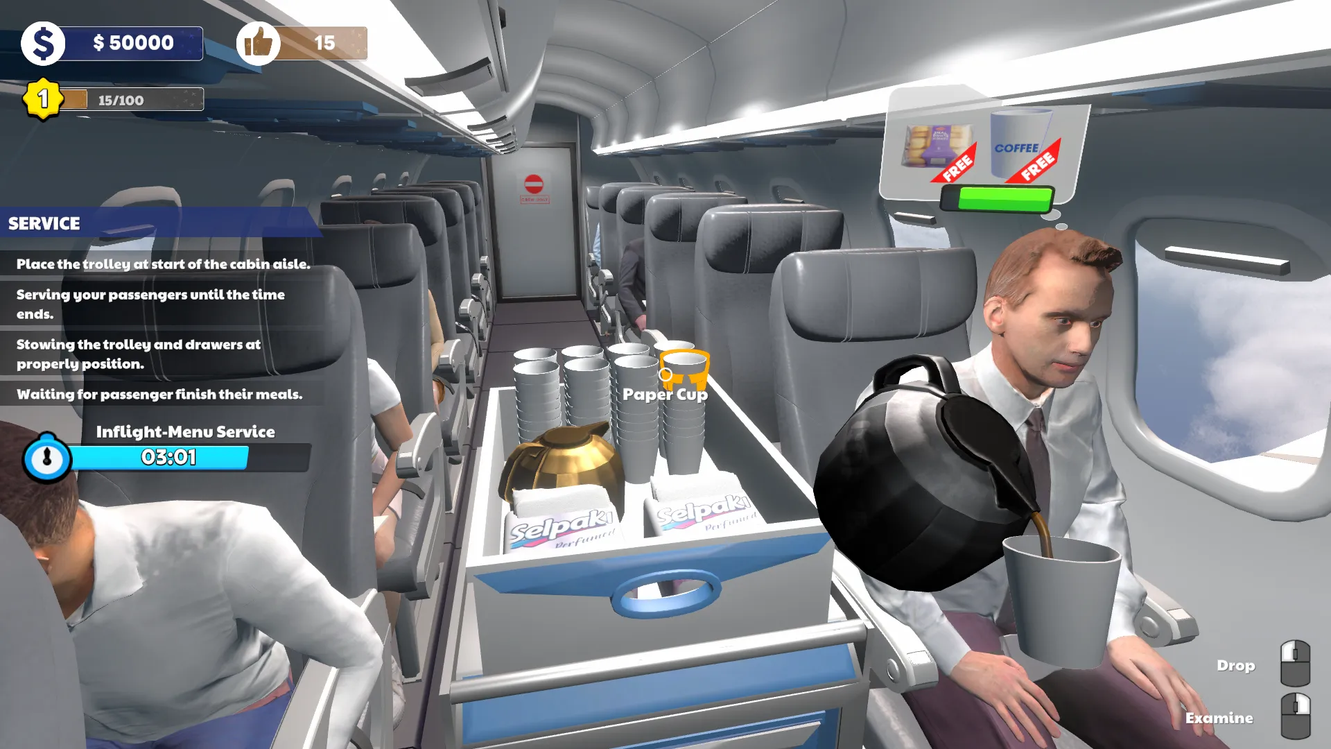 Captura Cabin Crew Life Simulator – Escena De Vuelo Donde Un Auxiliar De Cabina Atiende A Pasajeros En Sus Asientos