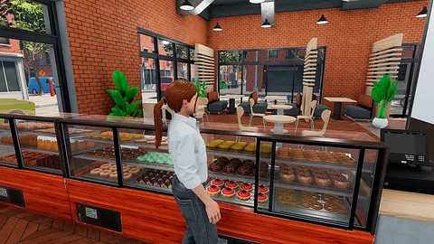 Captura Cafemart Simulator Mujer Frente A Una Vitrina De Pasteles En Una Cafeteria Moderna
