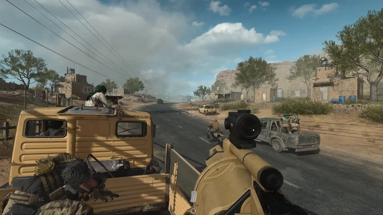 Captura Call Of Duty Modern Warfare II – Perspectiva En Tercera Persona Desde Un Vehiculo Militar Avanzando Por Una Zona Desertica