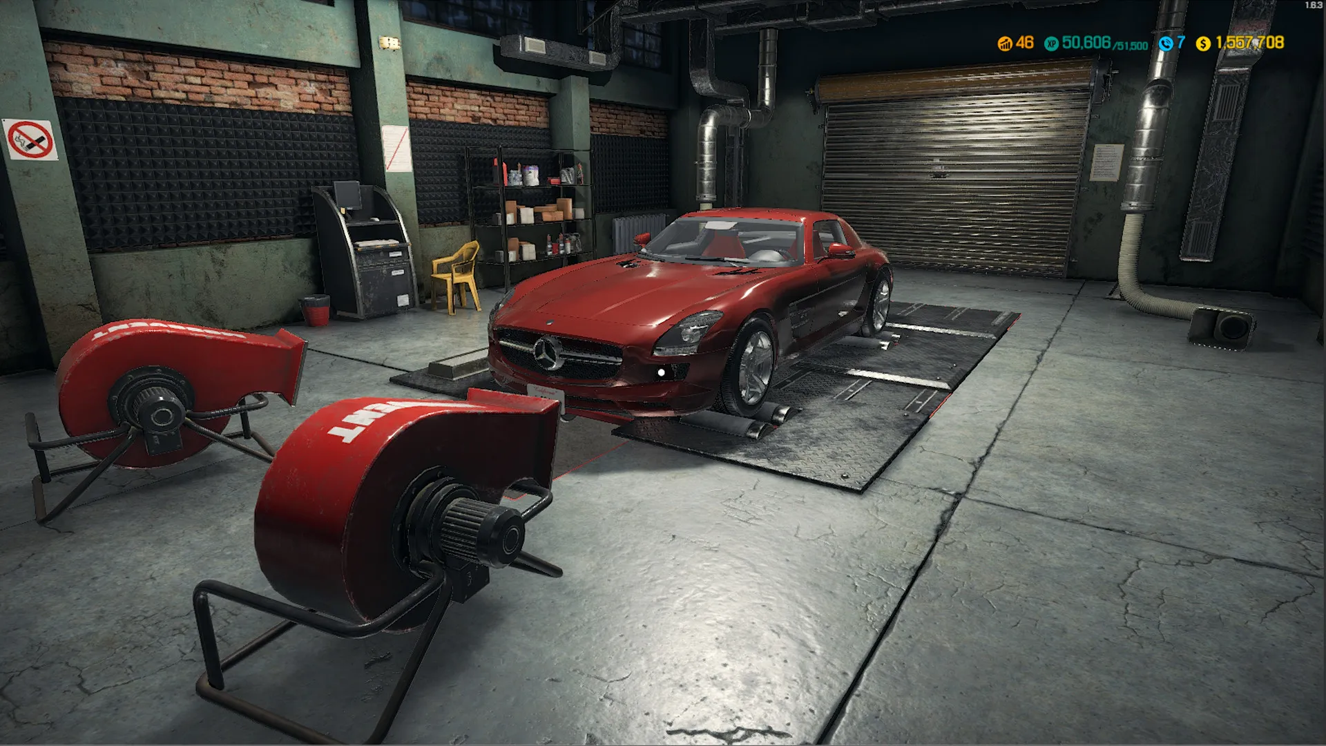 Captura Car Mechanic Simulator – Auto Rojo Junto A Equipo De Balanceo En Un Taller Cerrado