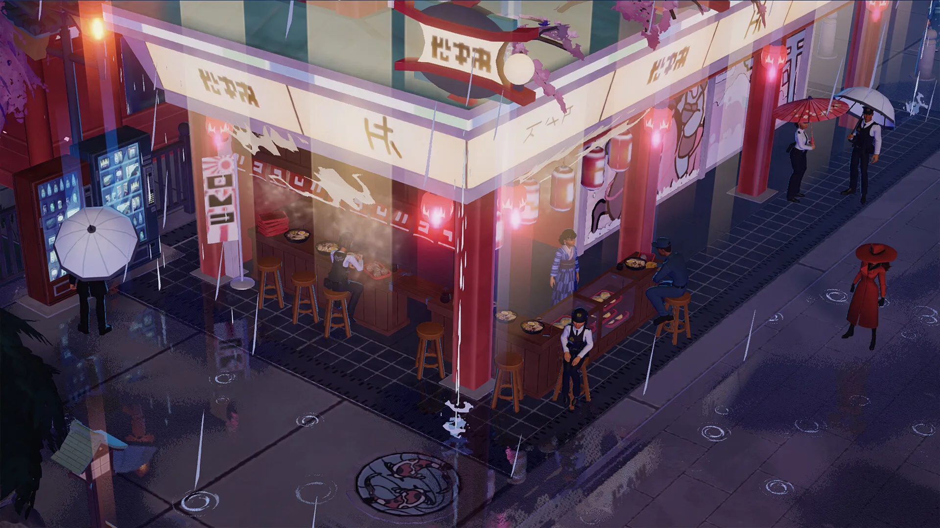 Captura Carmen Sandiego – Calle Nocturna Con Restaurante Asiatico Y Personajes Al Fondo