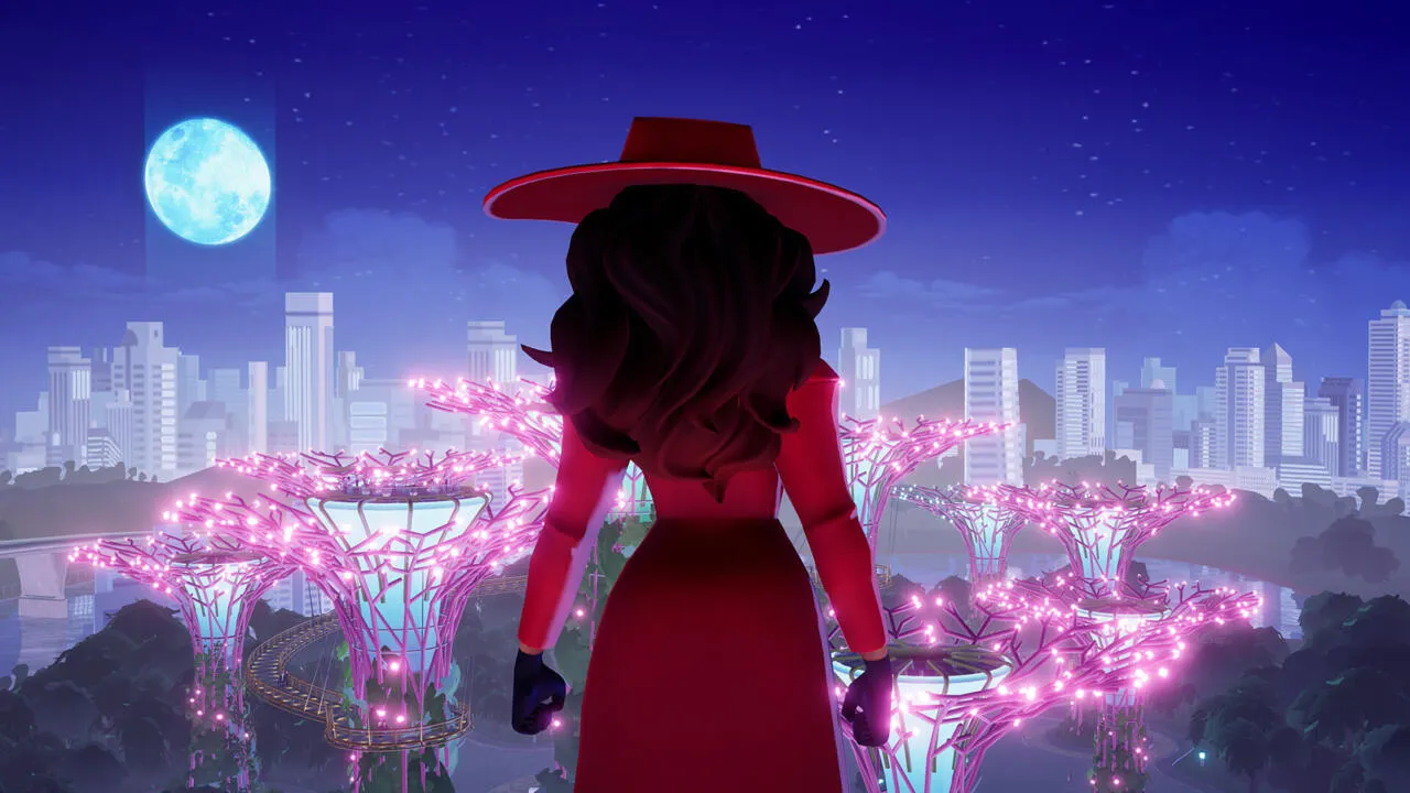 Captura Carmen Sandiego – Carmen De Espaldas Observando Arboles Rosados Iluminados Por La Luna