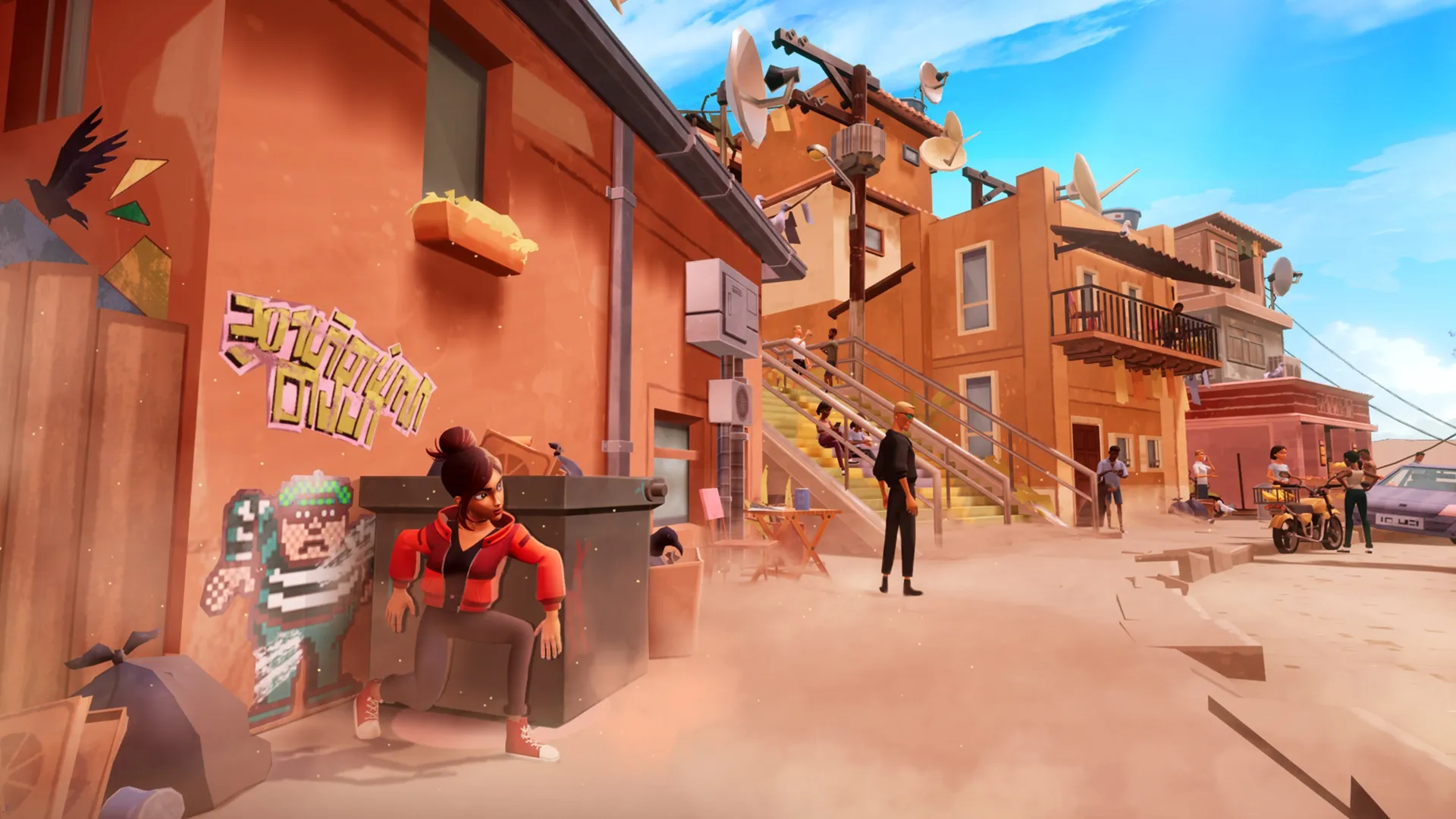 Captura Carmen Sandiego – Persecucion En Un Barrio Soleado Con Edificios Anaranjados