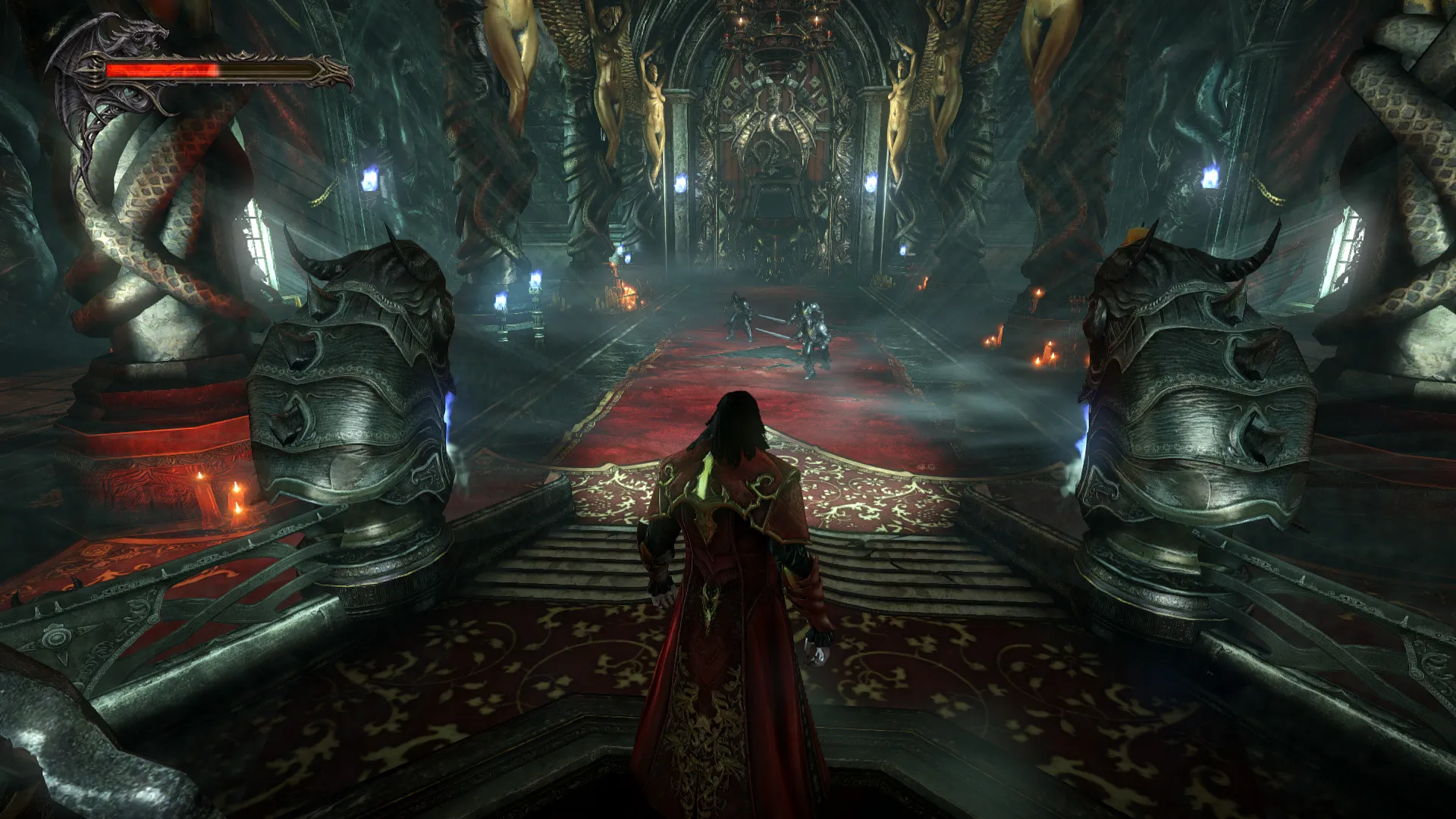 Captura Castlevania Lords Of Shadow 2 – Escena En Una Sala Con Estatuas Y Luz Mistica Protagonista Al Centro