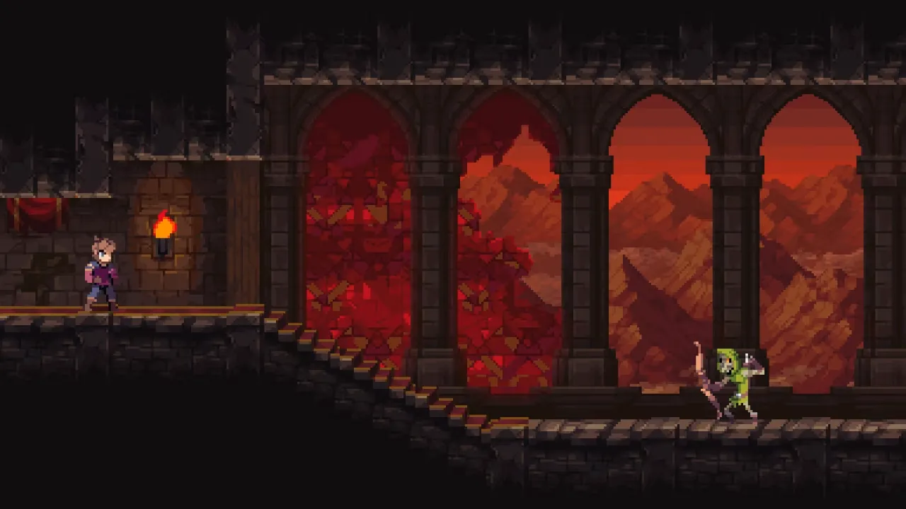 Captura Chasm Dos Personajes Recorren Un Templo Oscuro Con Arcos Y Murales En Tonos Rojos
