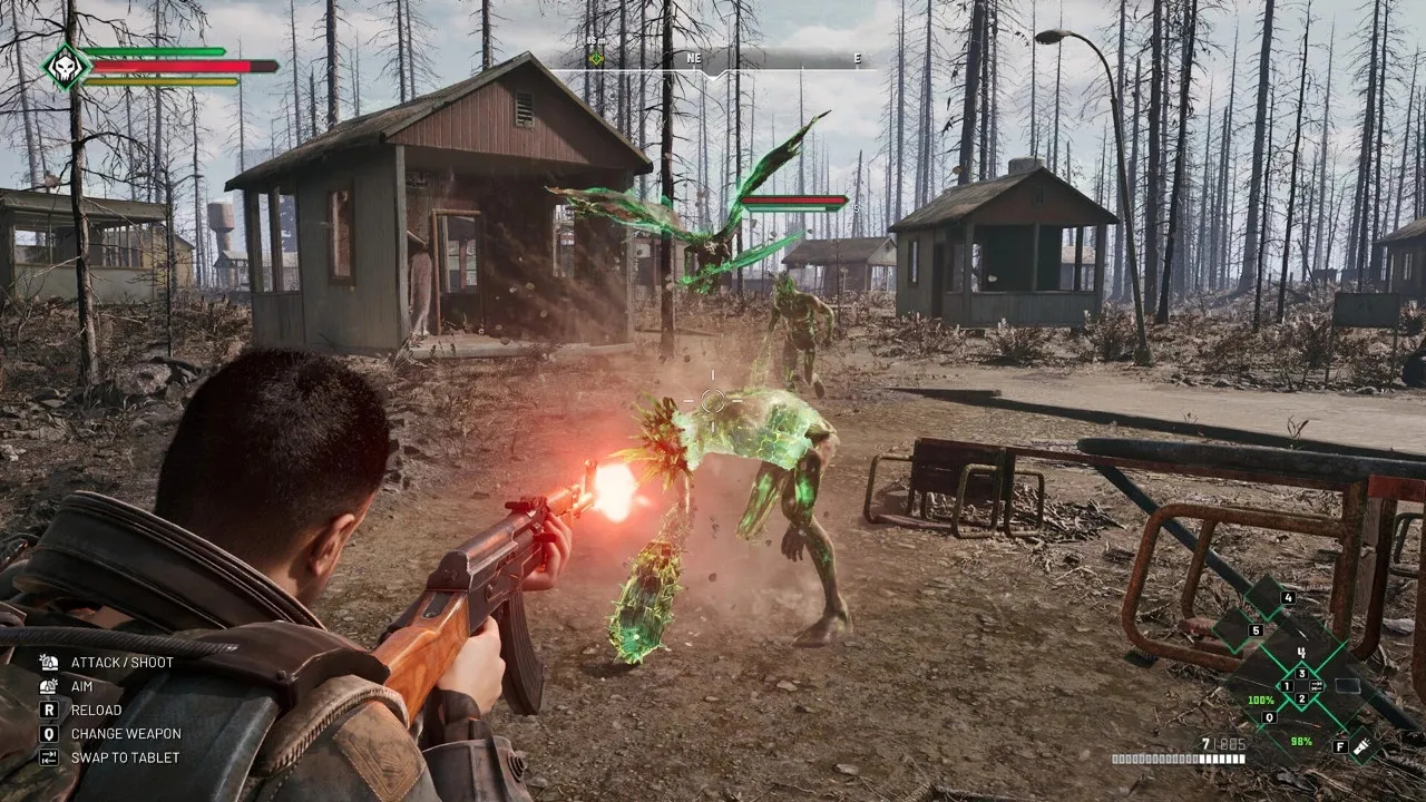 Captura Chernobylite 2 – Disparo A Criatura Mutante Con Efecto Verde Brillante