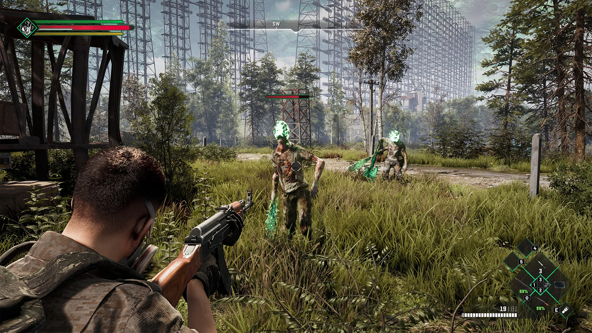 Captura Chernobylite 2 – Dos Personajes Armados En Un Campo Abierto Rodeado De Arboles
