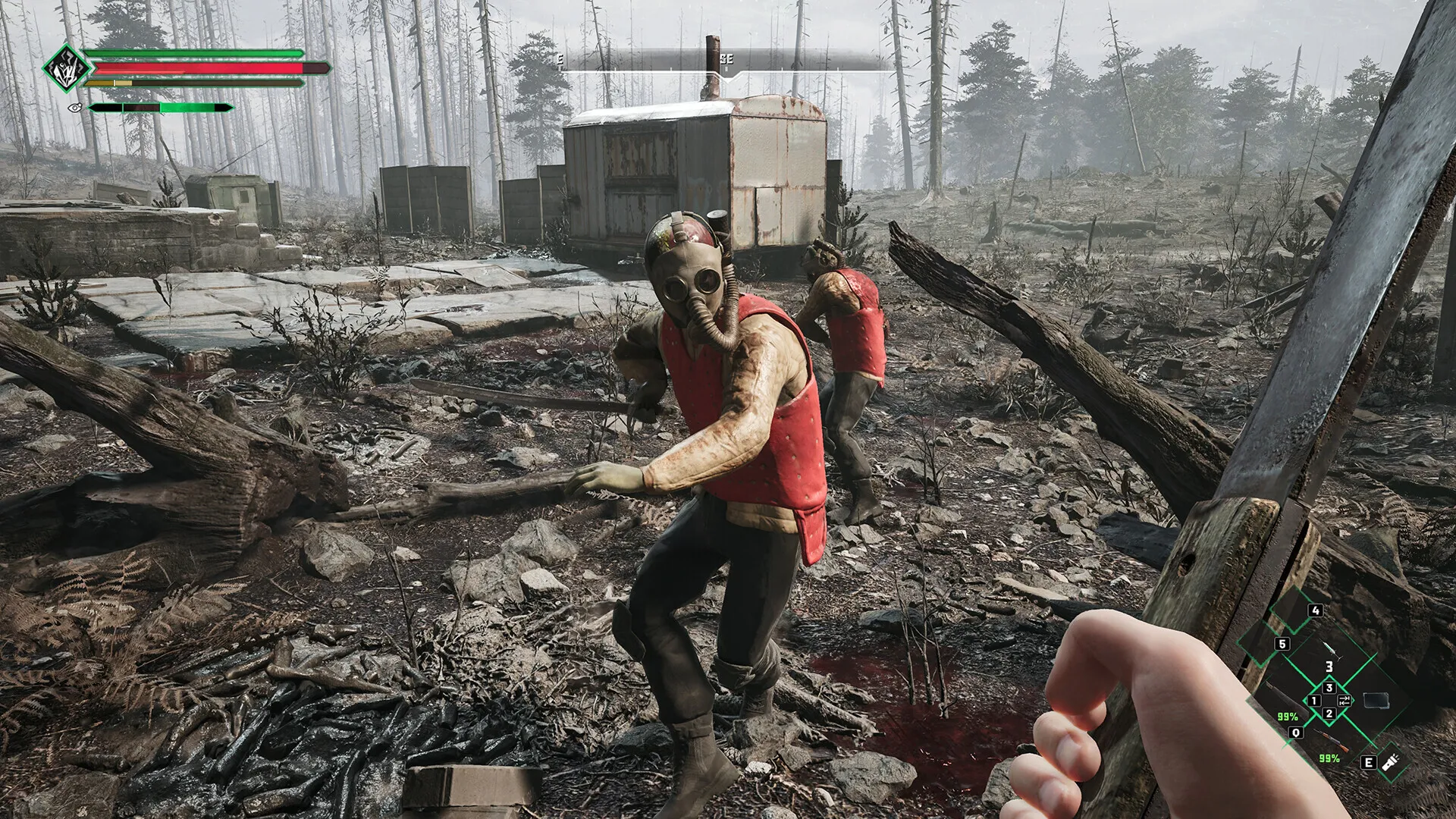 Captura Chernobylite 2 – Un Zombi Se Aproxima En Un Terreno Devastado Con Edificios Quemados