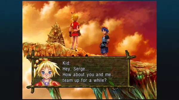 Captura Chrono Cross The Radical Dreamers Edition – Dialogo Entre Personajes Sobre Un Acantilado Al Atardecer