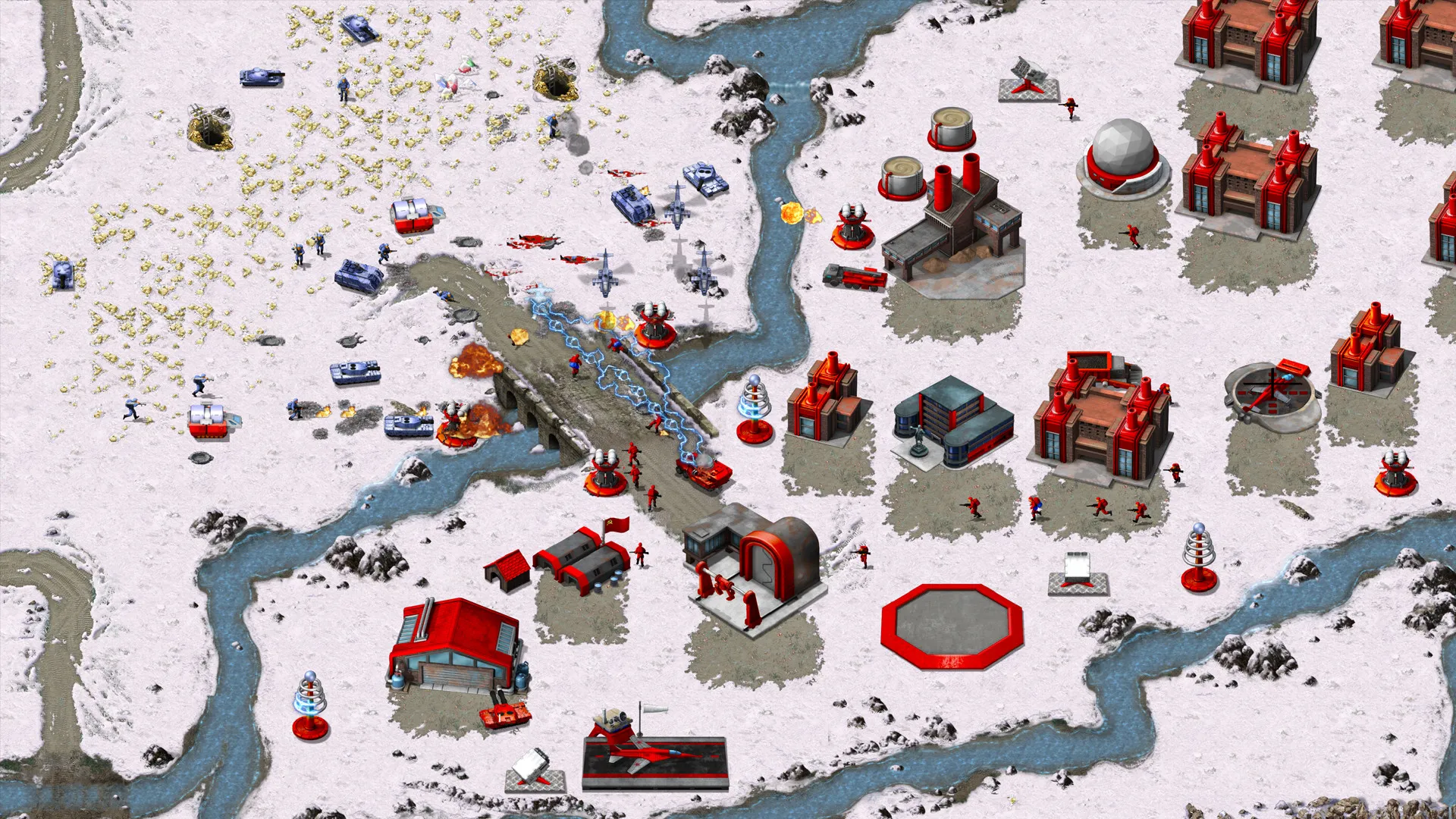 Captura Command Conquer Remastered Batalla En Terreno Nevado Con Bases Rojas Y Unidades Aereas