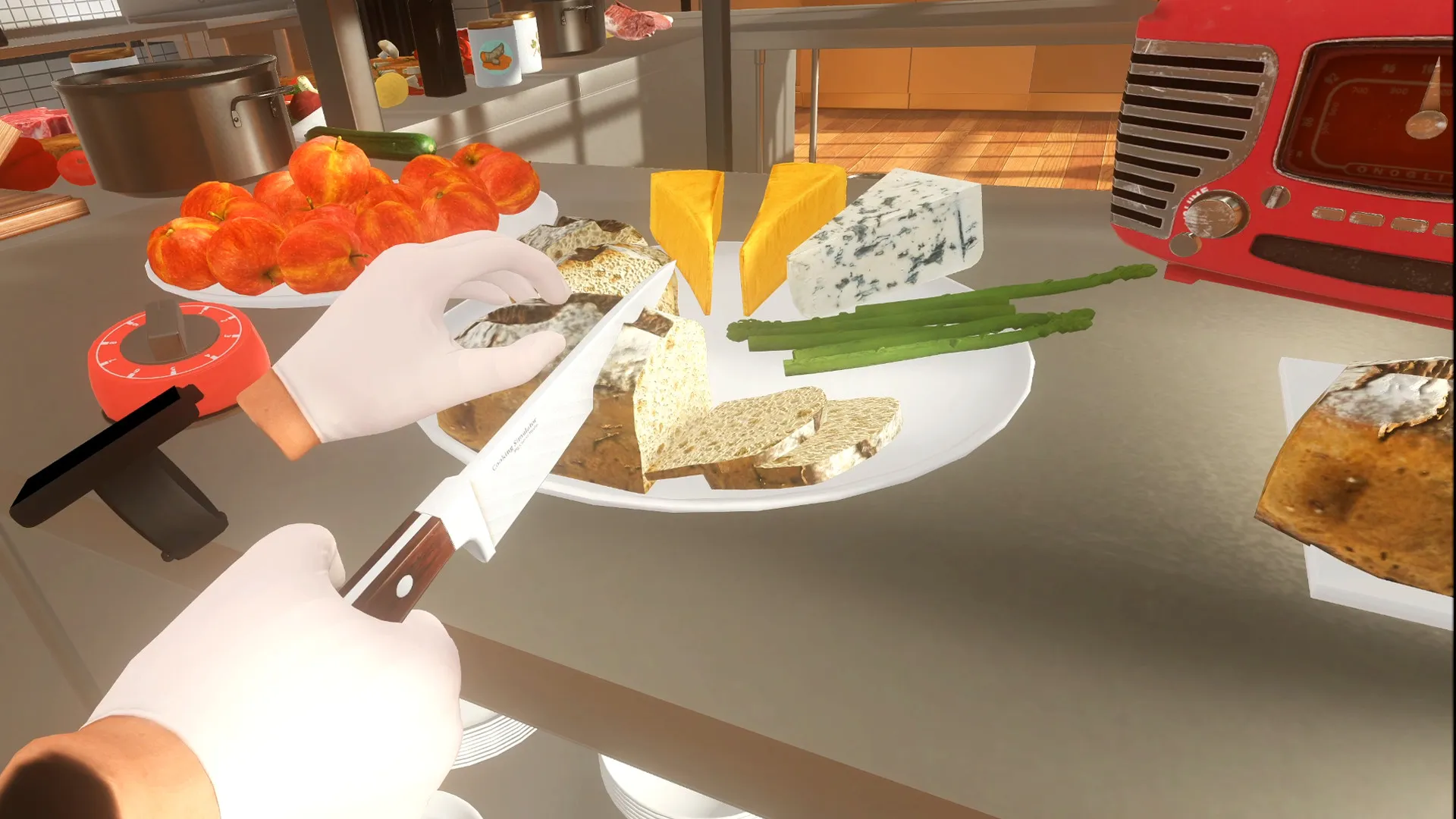 Captura Cooking Simulator – Mano Cortando Alimentos Con Una Cocina Moderna Al Fondo