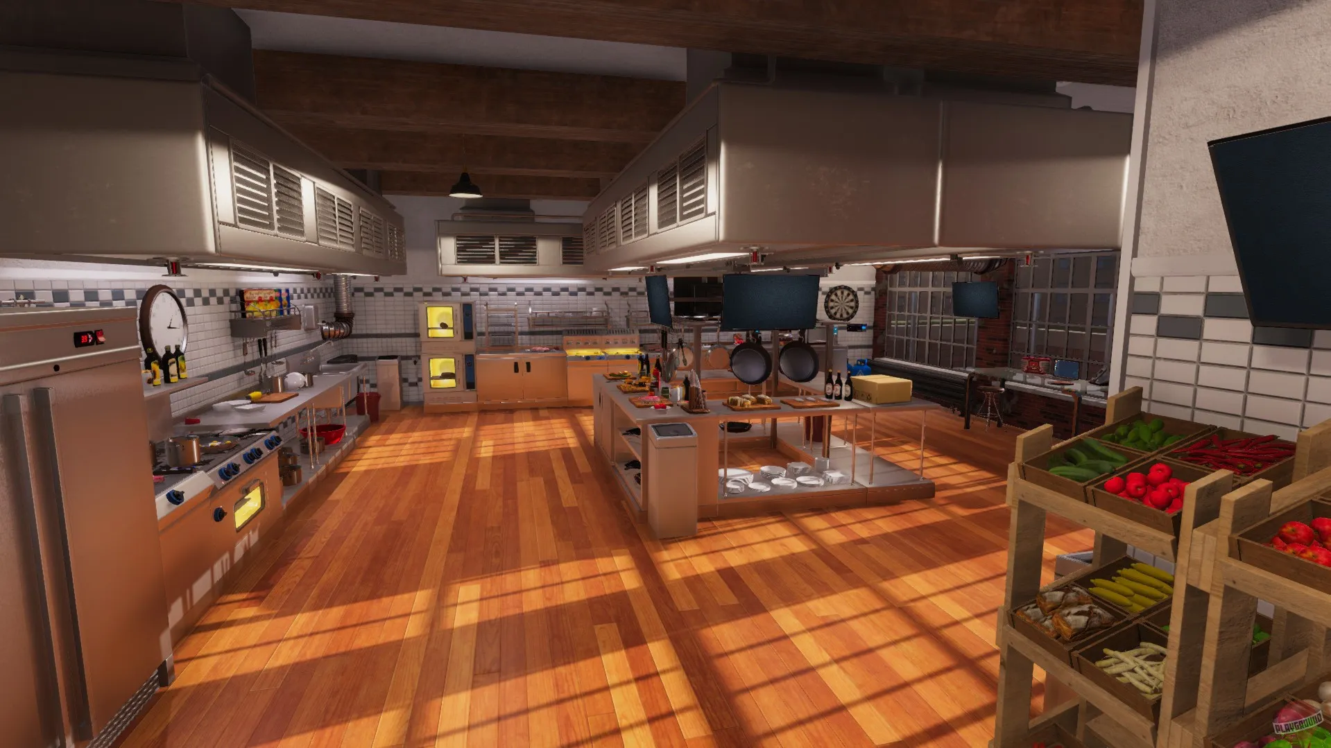 Captura Cooking Simulator – Vista De Cocina Profesional En Madera Con Utensilios Y Estanterias