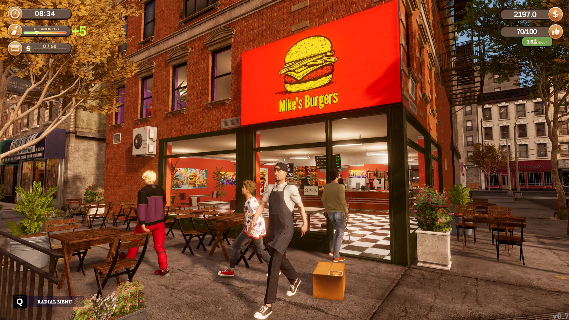 Captura Corner Kitchen Fast Food Simulator – Fachada Del Local Con Clientes Entrando Al Restaurante