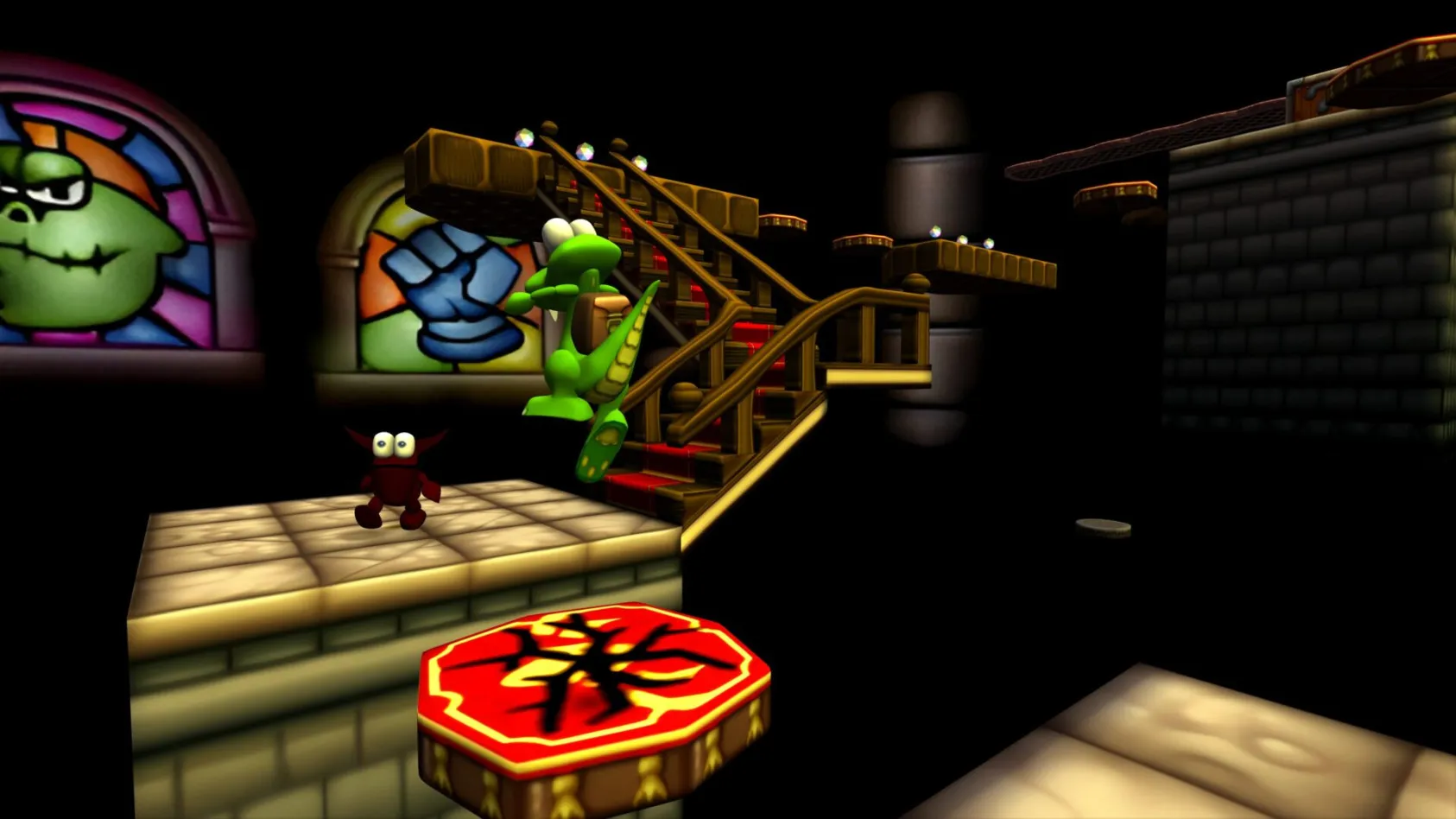 Captura Croc Legend Of The Gobbos – Croc Avanza Por Una Estructura Interior Con Ventanas De Colores