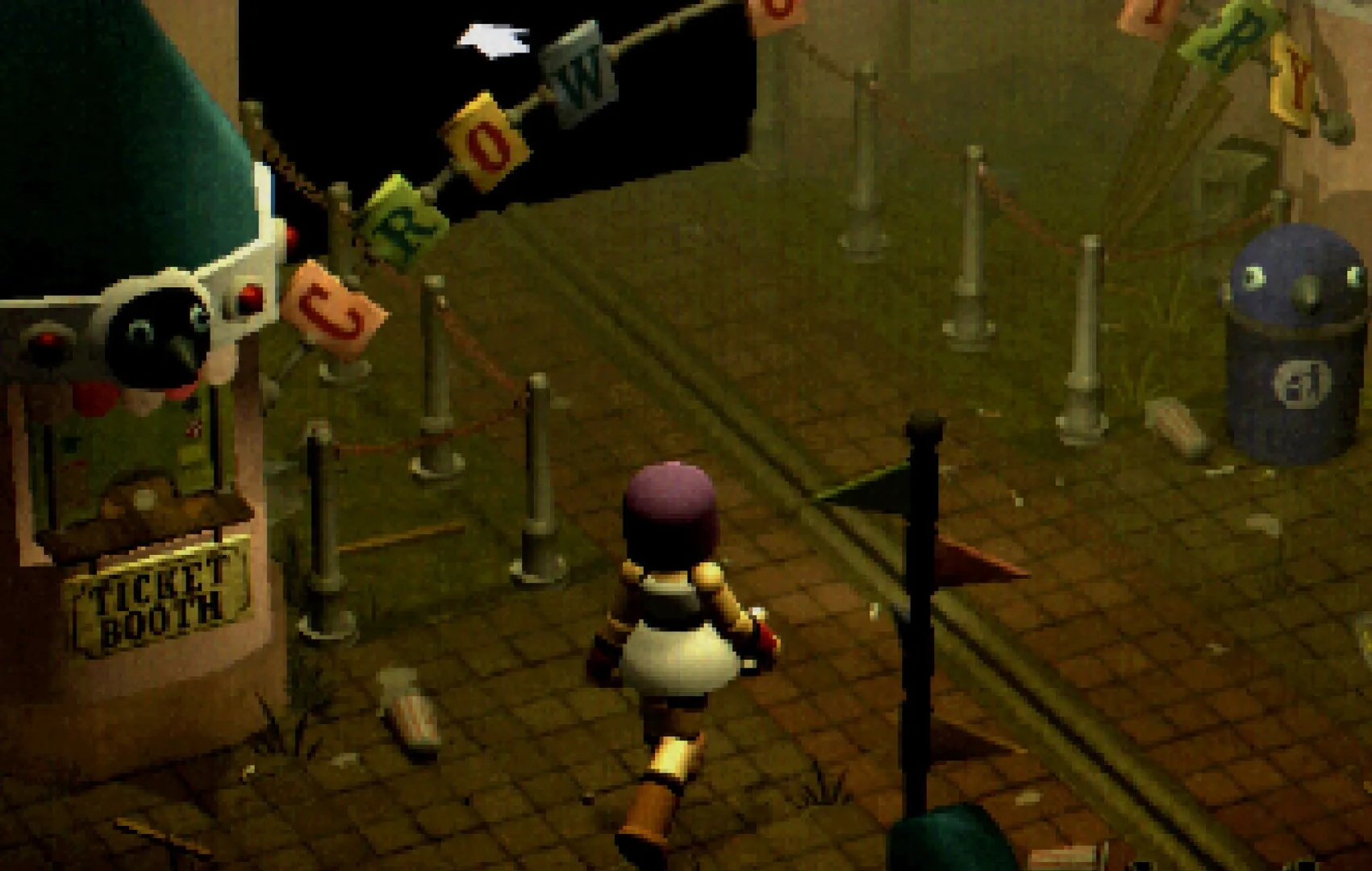 Captura Crow Country – Personaje De Espaldas Caminando Entre Cintas Y Entradas