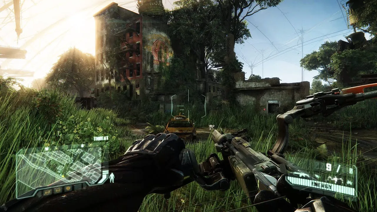 Captura Crysis 3 Remastered – Arma Apuntando Hacia Una Zona Invadida Por Vegetacion Urbana